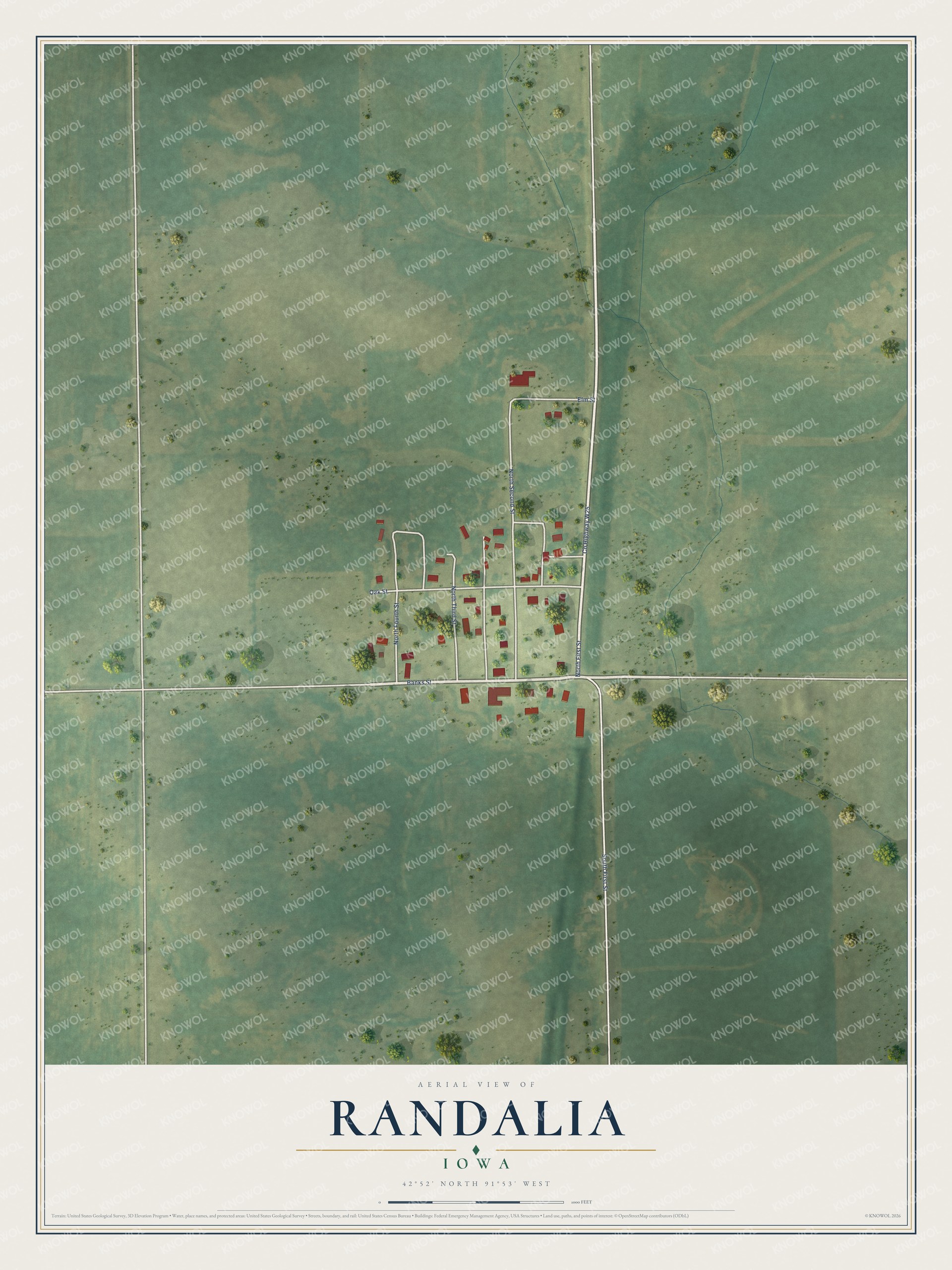 Full map of Randalia, Iowa, with red buildings, printed street names and the land around them
