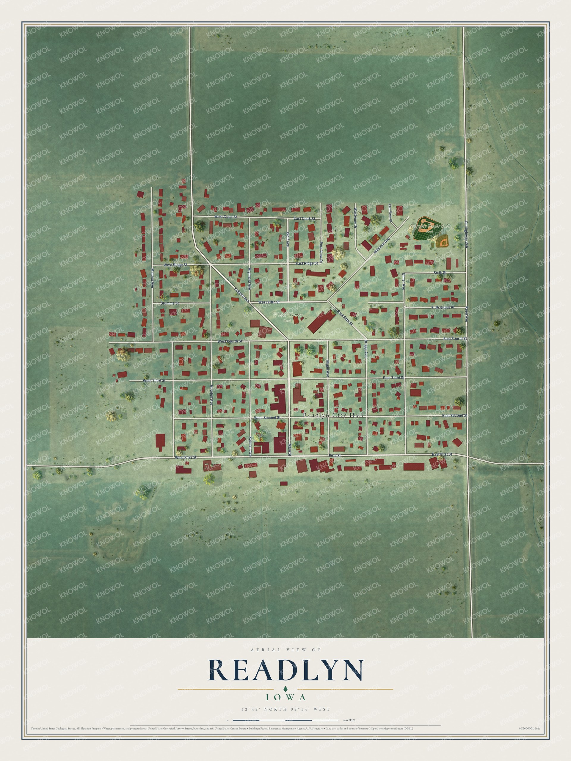 Full map of Readlyn, Iowa, with red buildings, printed street names and the land around them