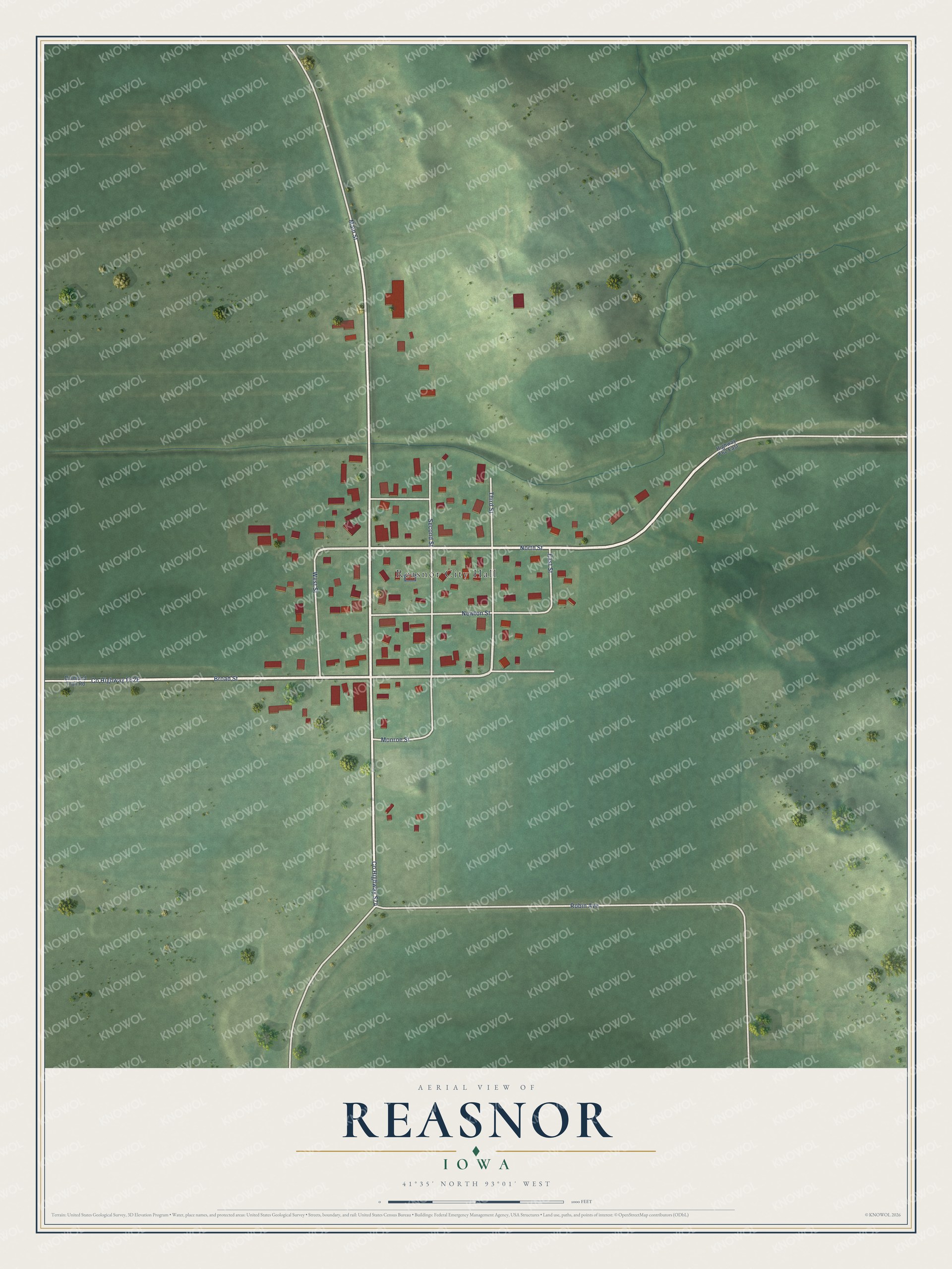 Full map of Reasnor, Iowa, with red buildings, printed street names and the land around them
