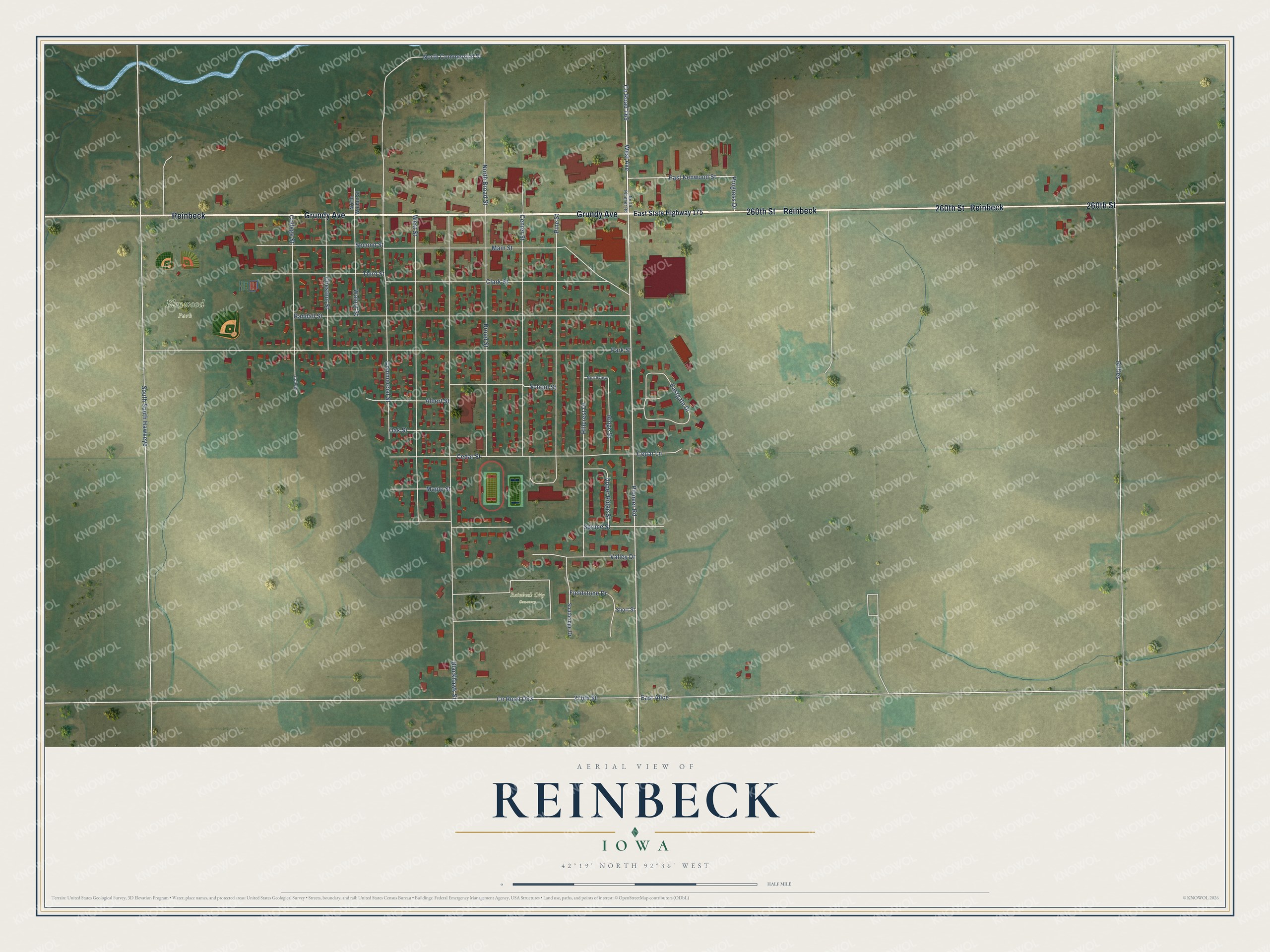 Full map of Reinbeck, Iowa, with red buildings, printed street names and the land around them