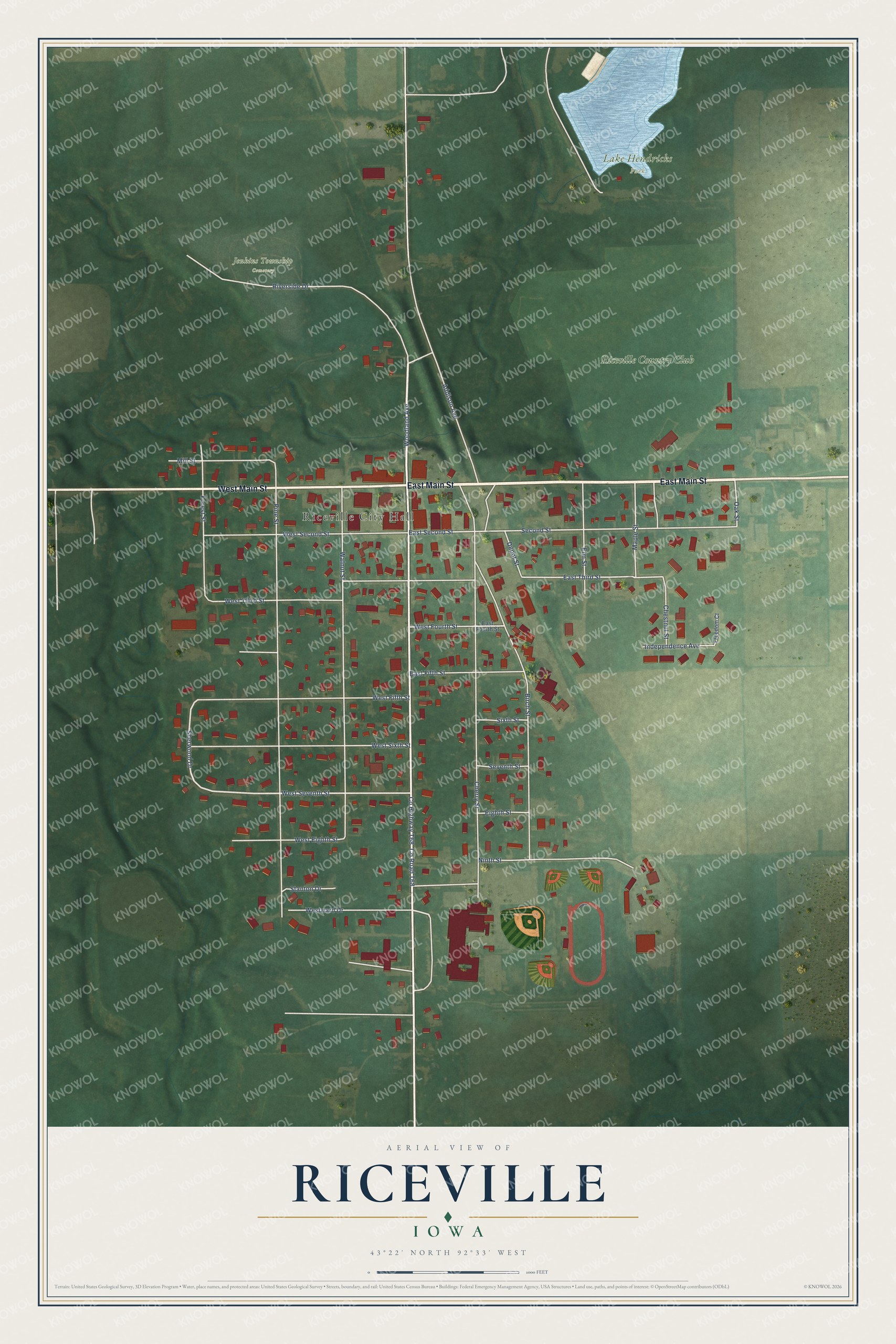 Full map of Riceville, Iowa, with red buildings, printed street names and the land around them