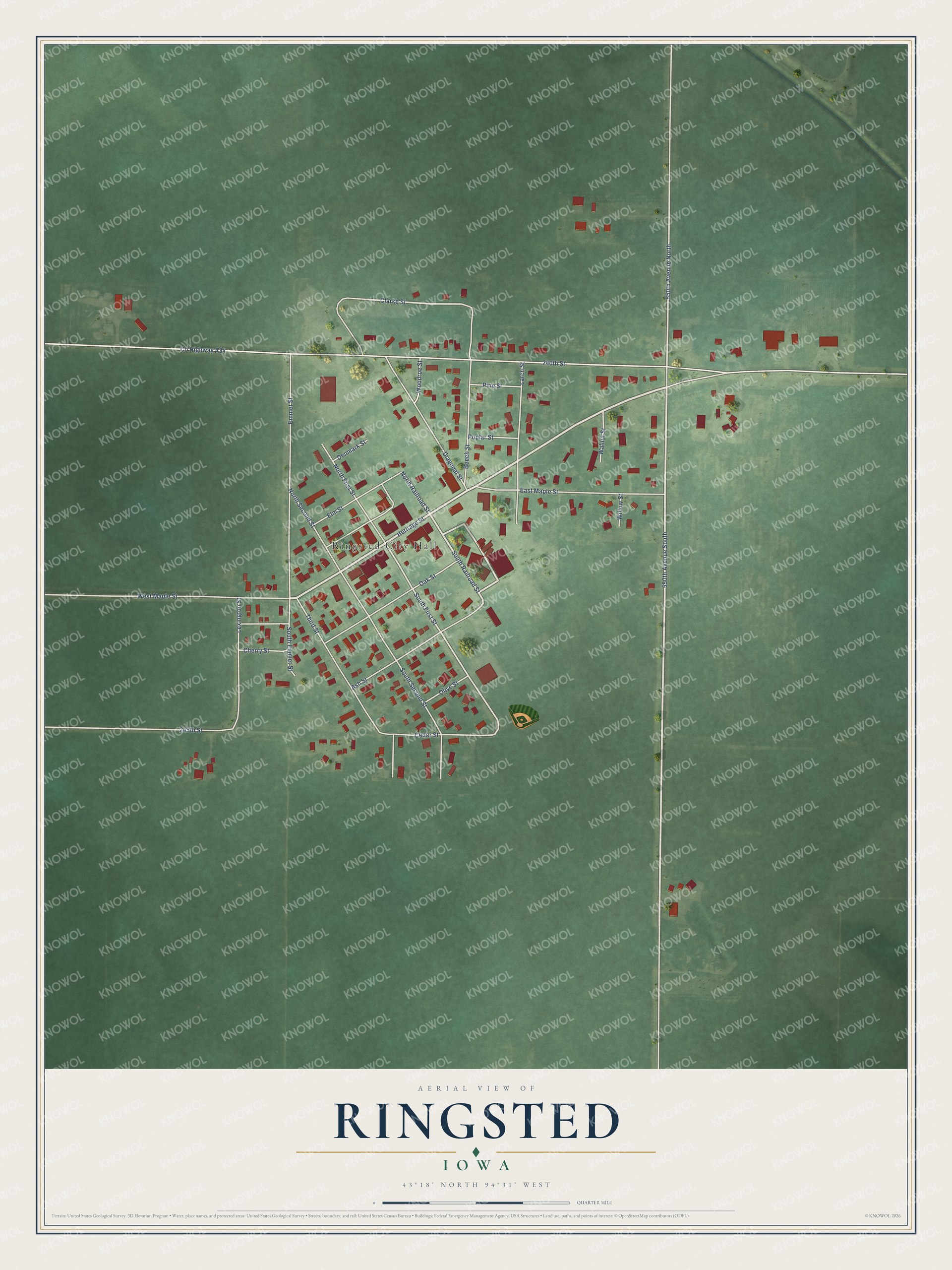 Full map of Ringsted, Iowa, with red buildings, printed street names and the land around them
