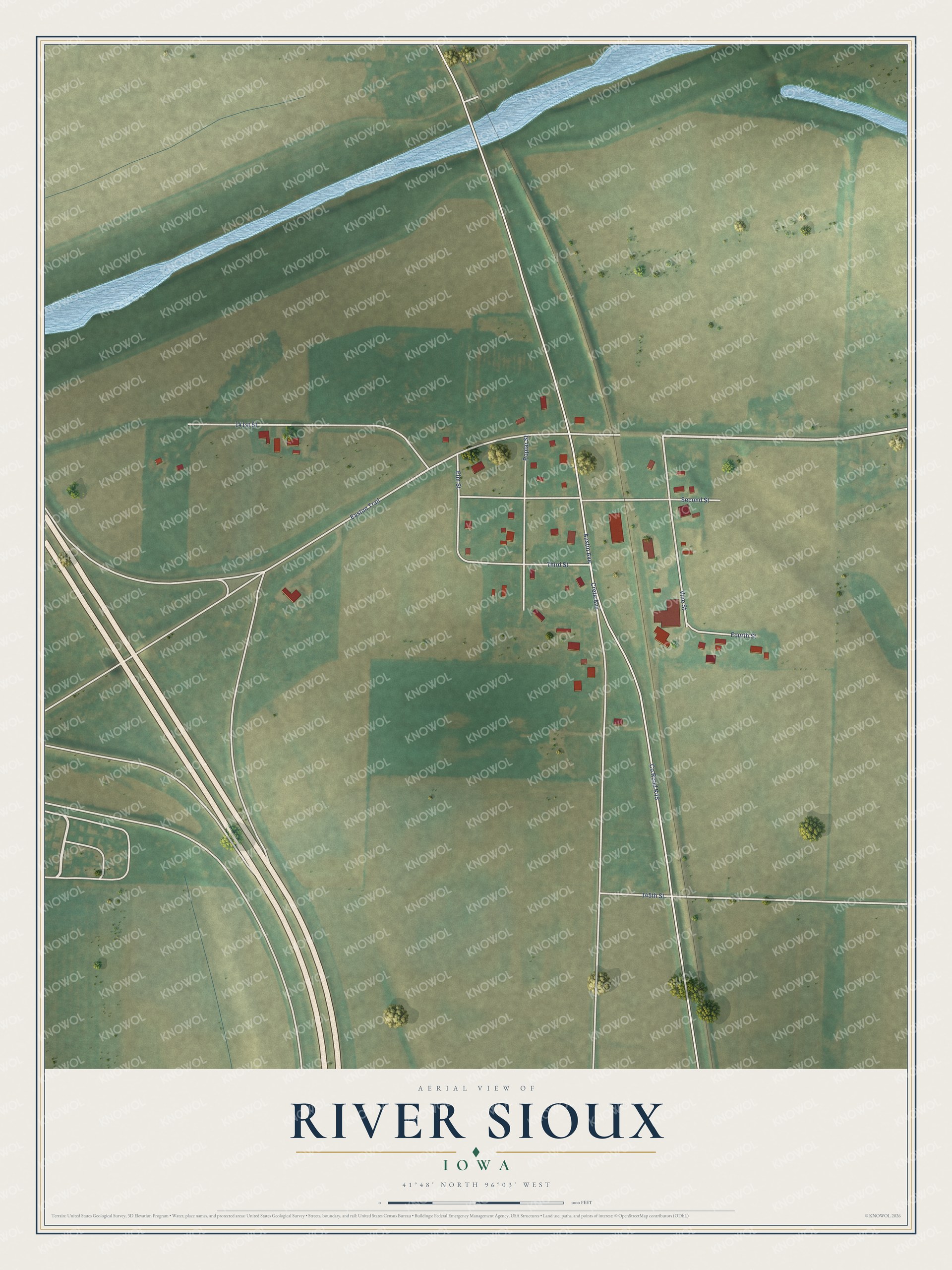 Full map of River Sioux, Iowa, with red buildings, printed street names and the land around them