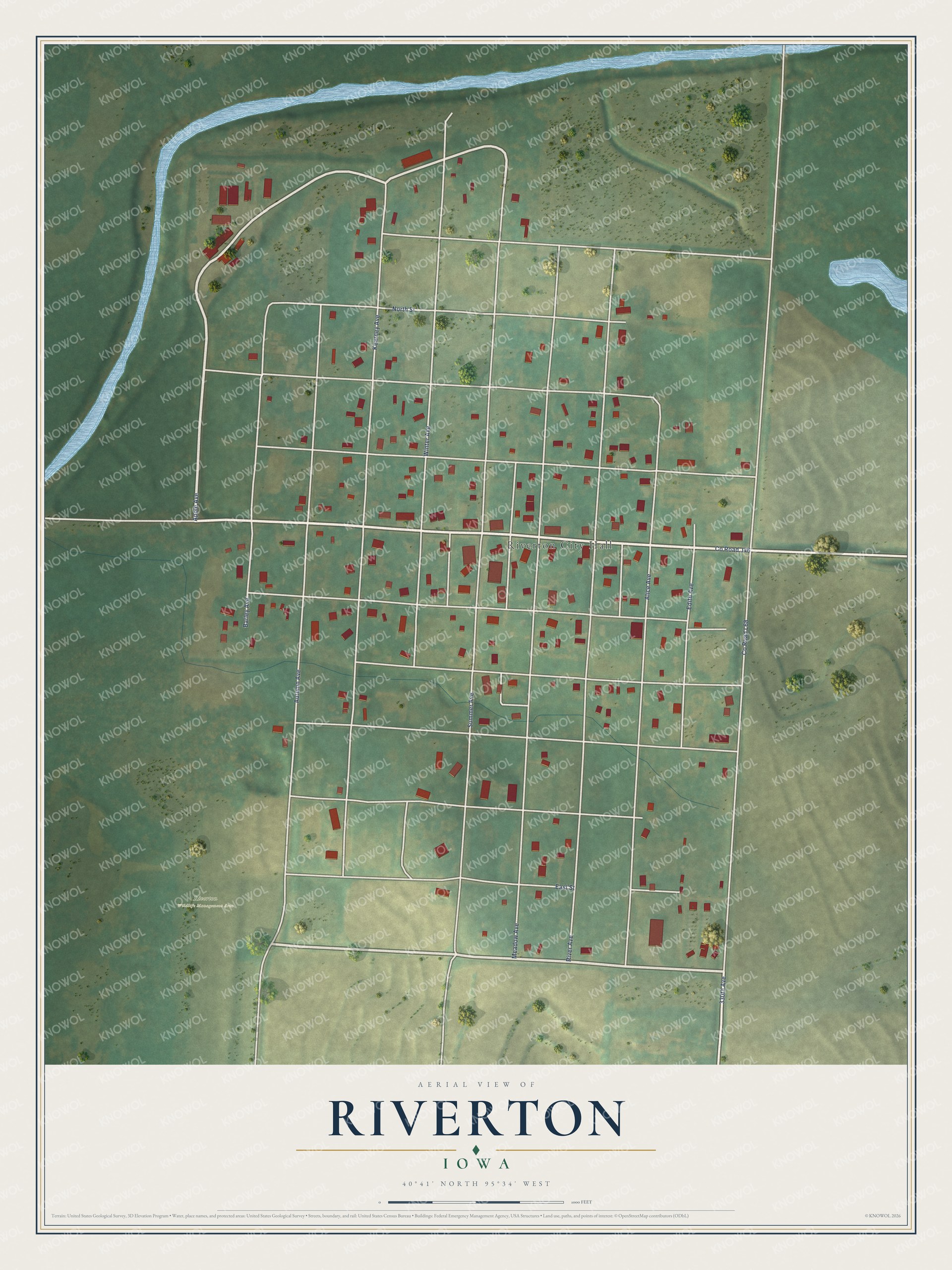Full map of Riverton, Iowa, with red buildings, printed street names and the land around them
