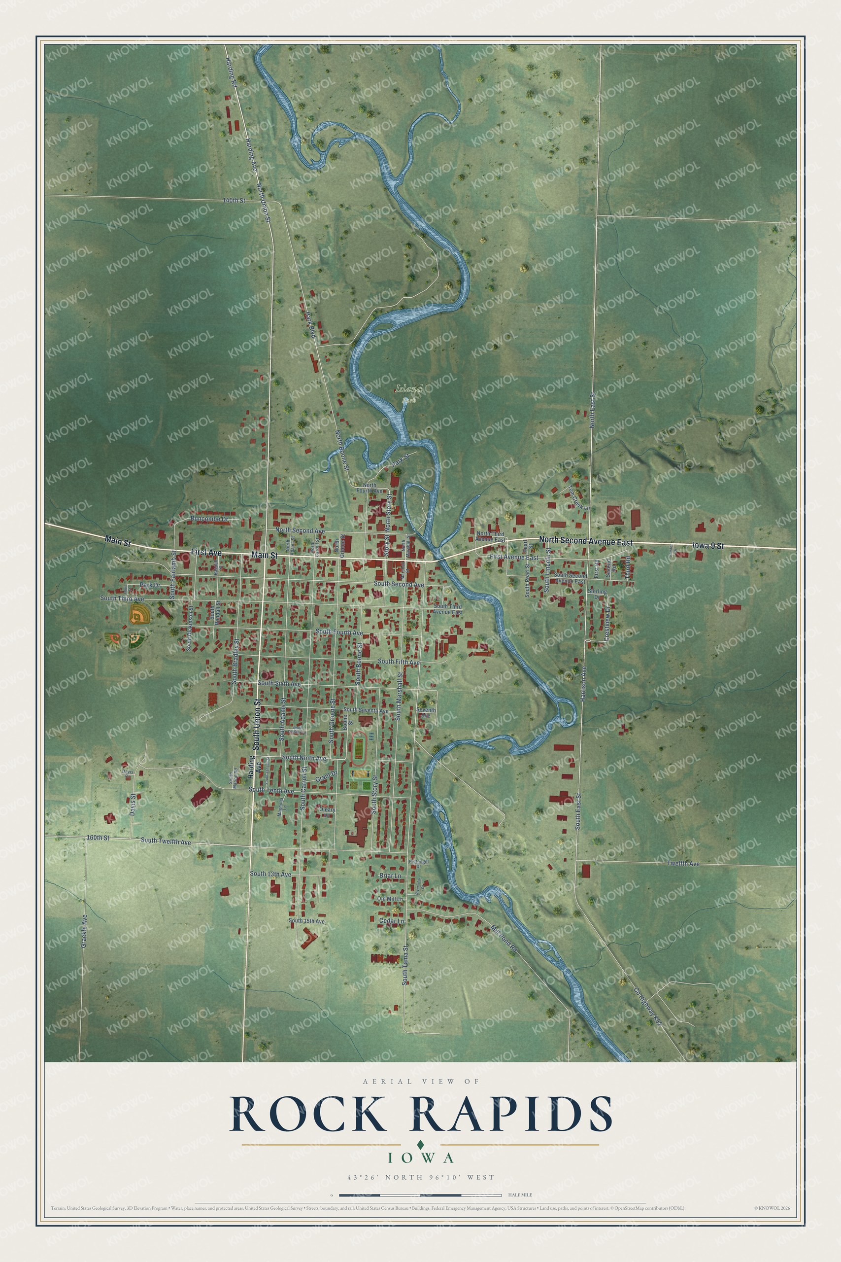 Full map of Rock Rapids, Iowa, with red buildings, printed street names and the land around them