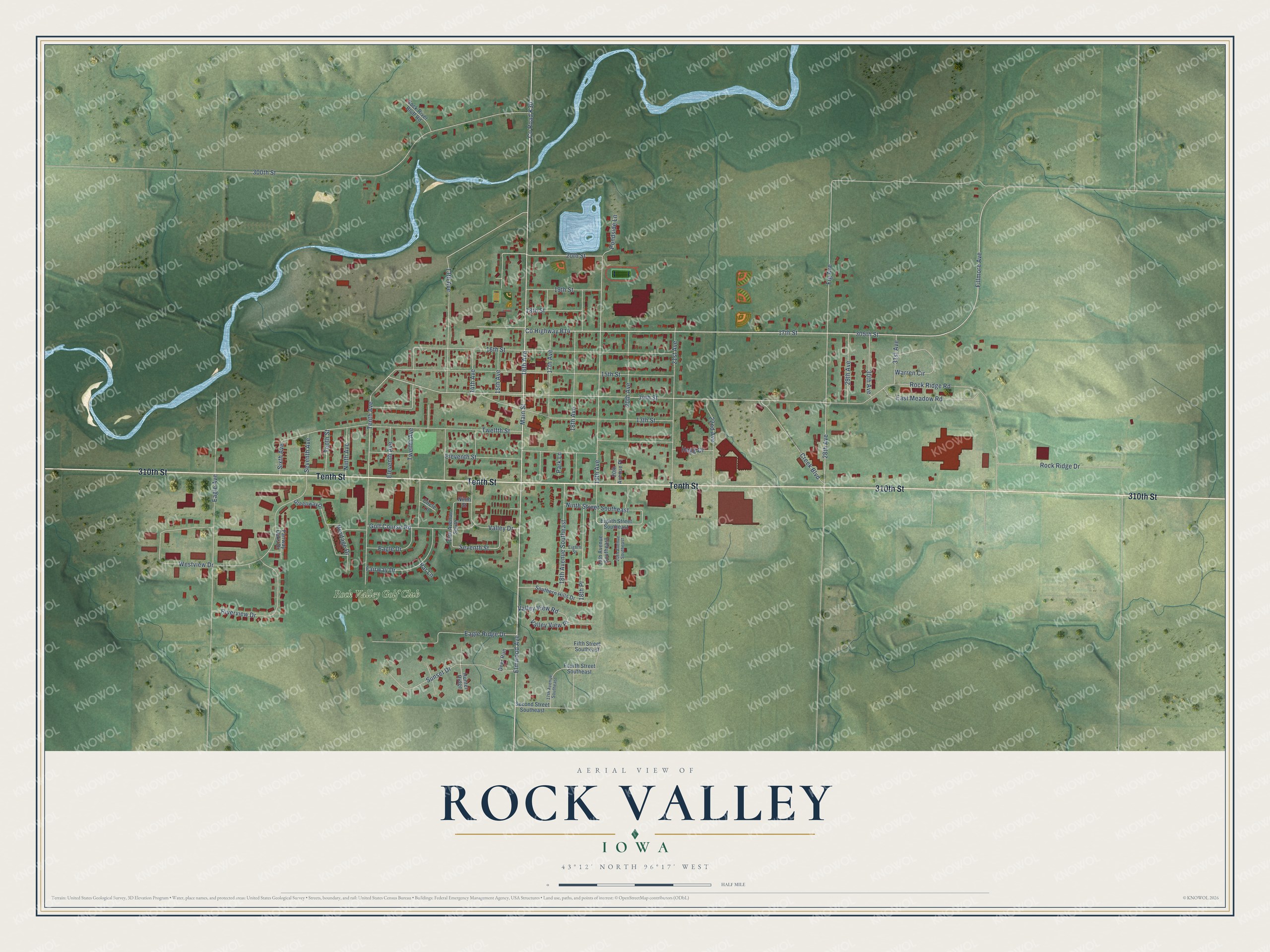 Full map of Rock Valley, Iowa, with red buildings, printed street names and the land around them