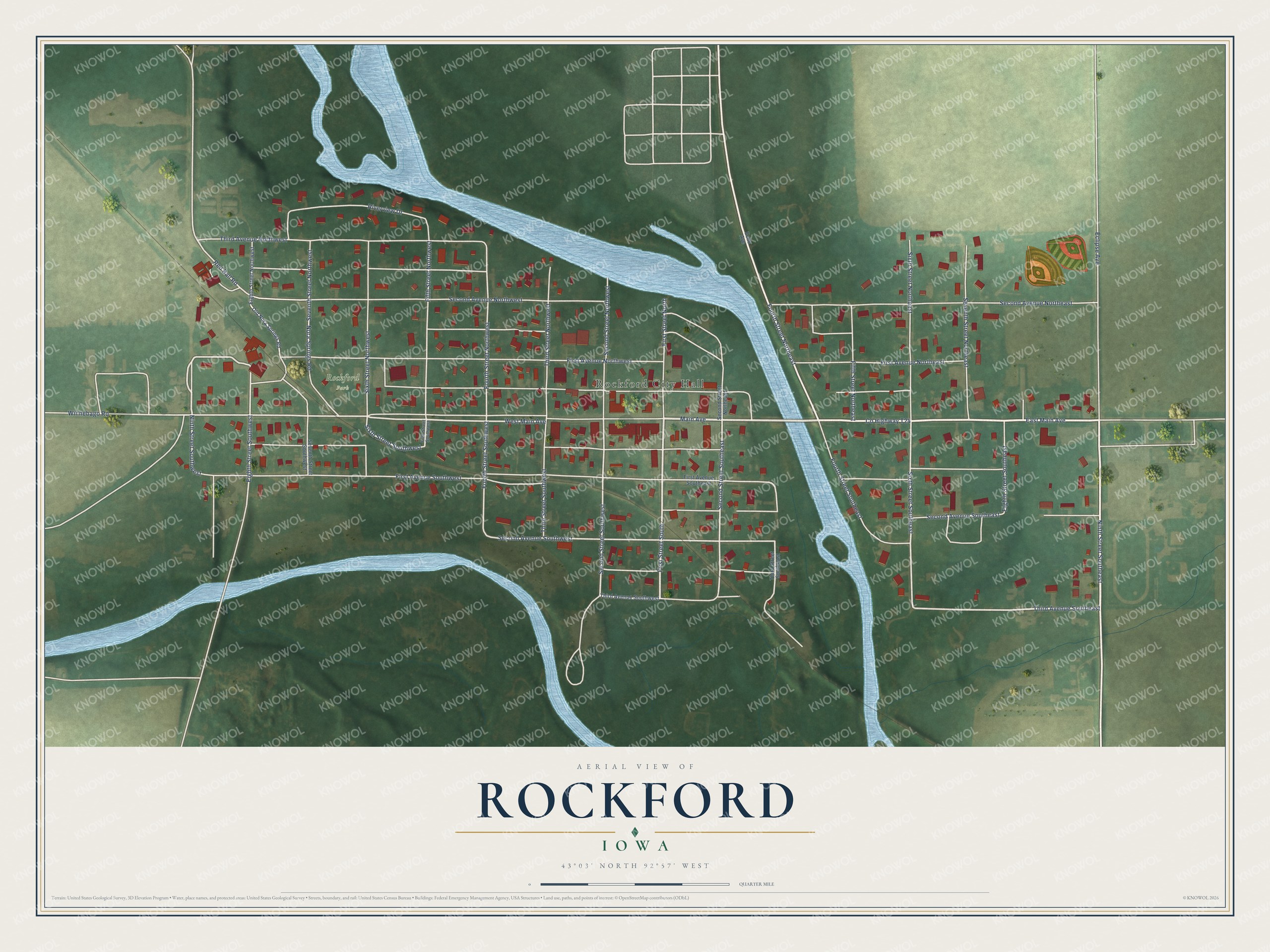 Full map of Rockford, Iowa, with red buildings, printed street names and the land around them