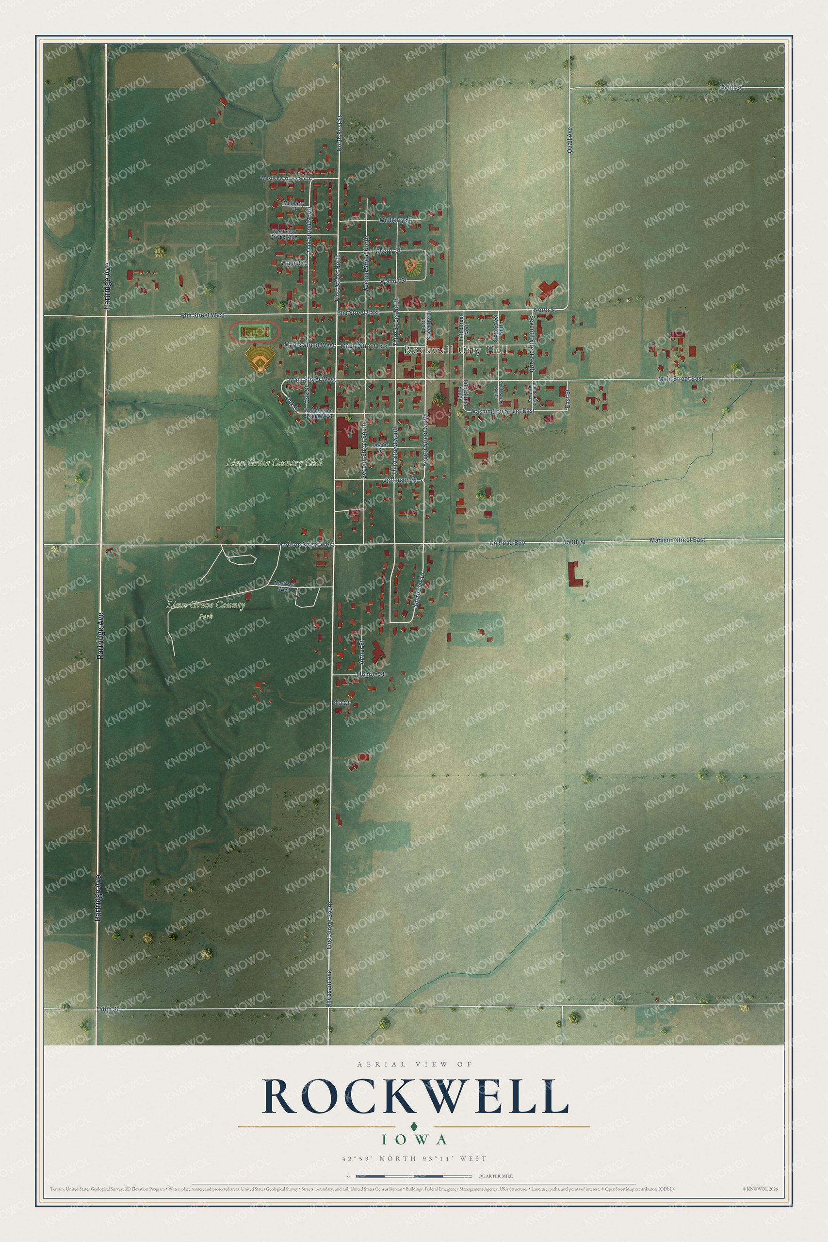 Full map of Rockwell, Iowa, with red buildings, printed street names and the land around them