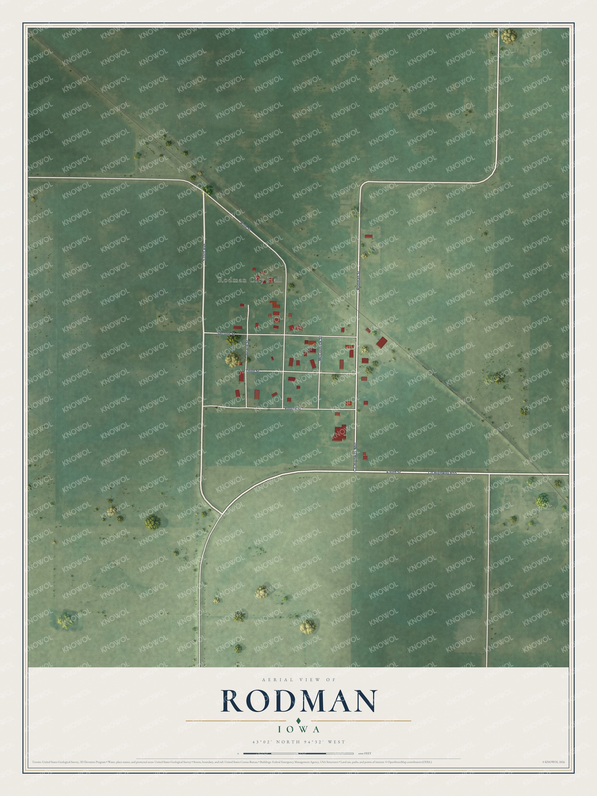Full map of Rodman, Iowa, with red buildings, printed street names and the land around them