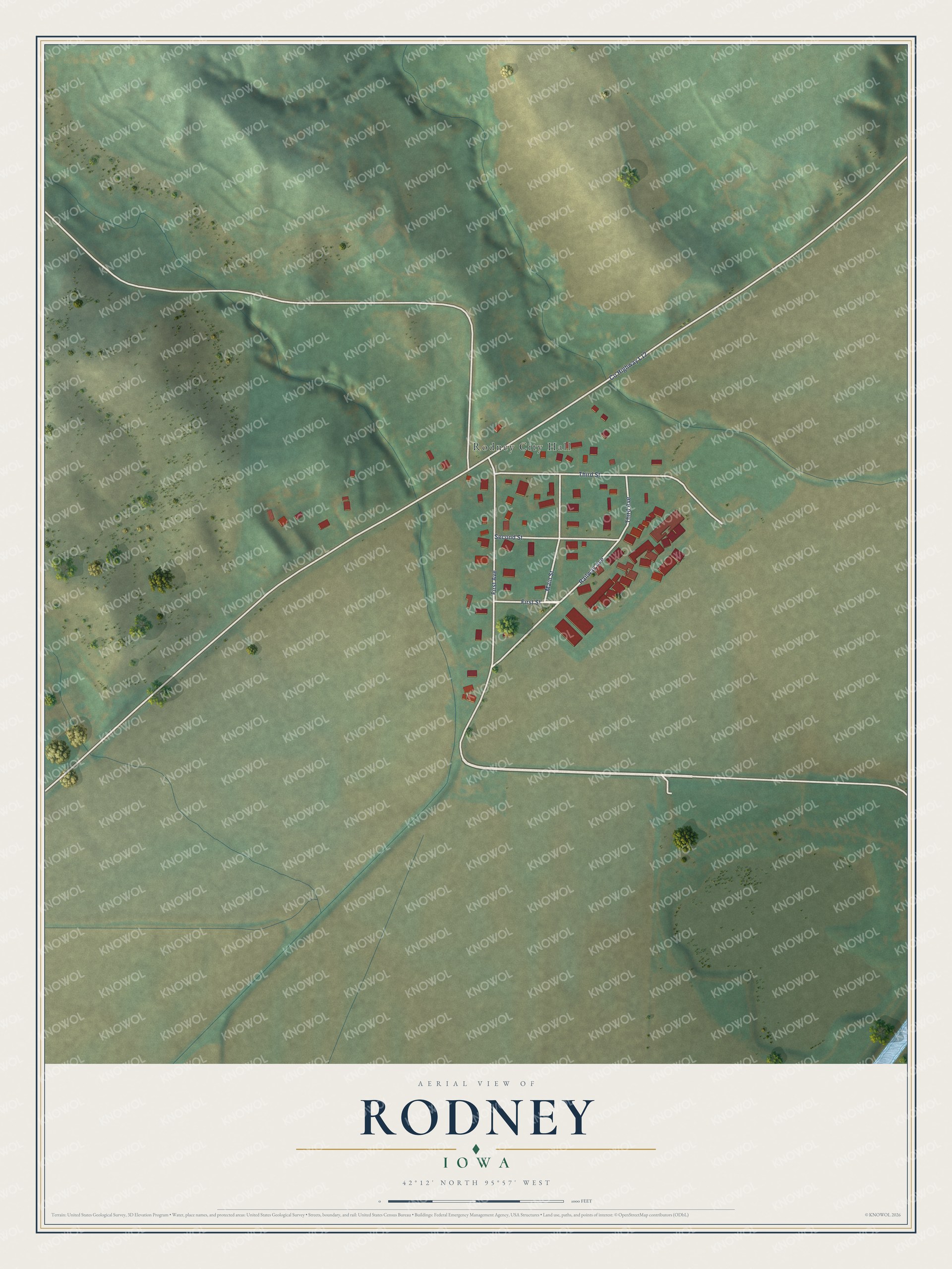 Full map of Rodney, Iowa, with red buildings, printed street names and the land around them