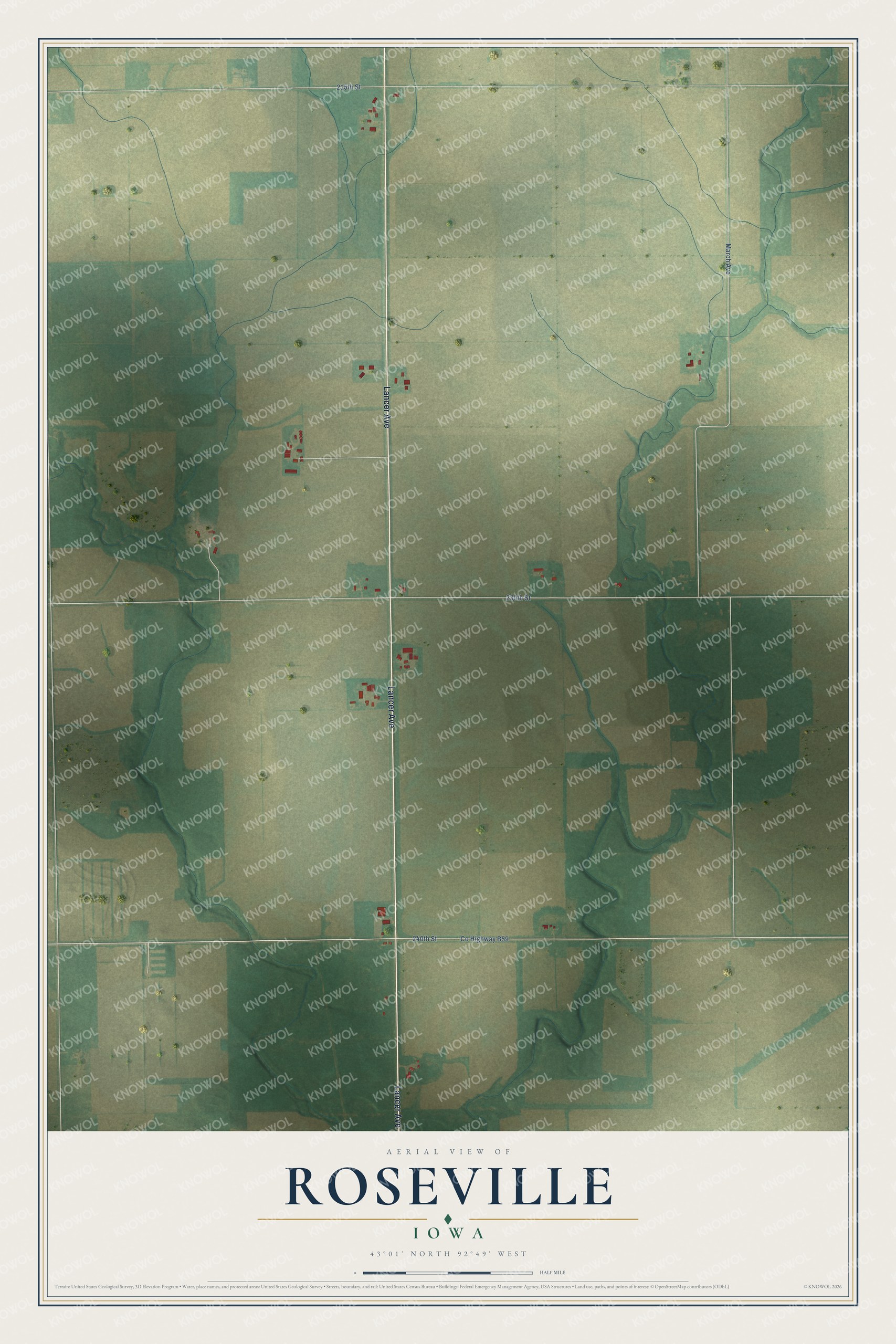 Full map of Roseville, Iowa, with red buildings, printed street names and the land around them