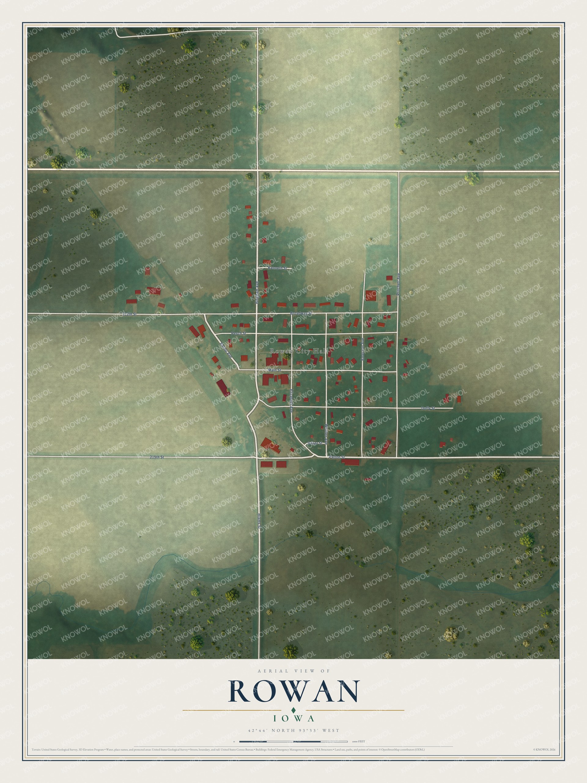 Full map of Rowan, Iowa, with red buildings, printed street names and the land around them