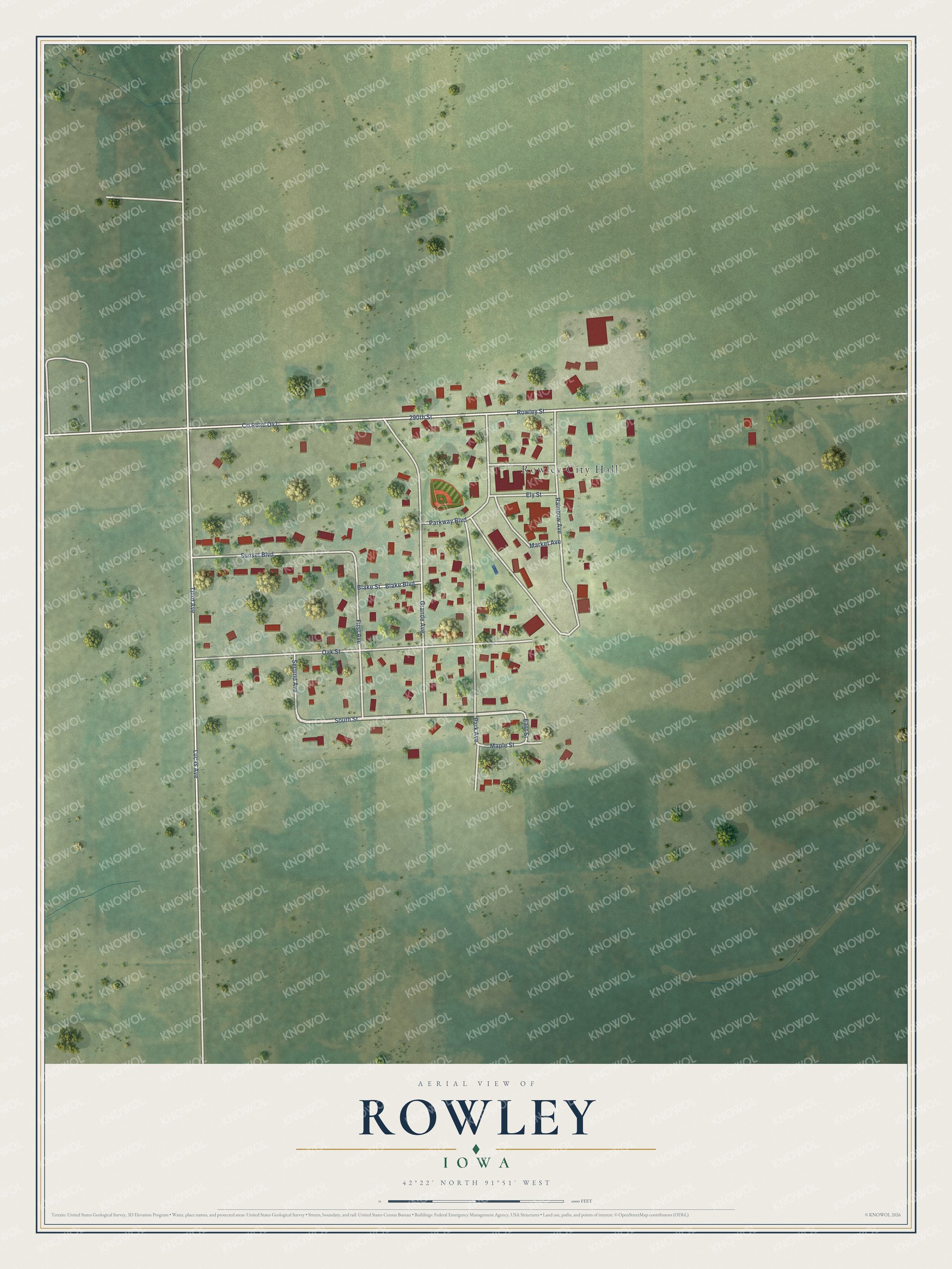 Watermarked full-map preview of Rowley, Iowa