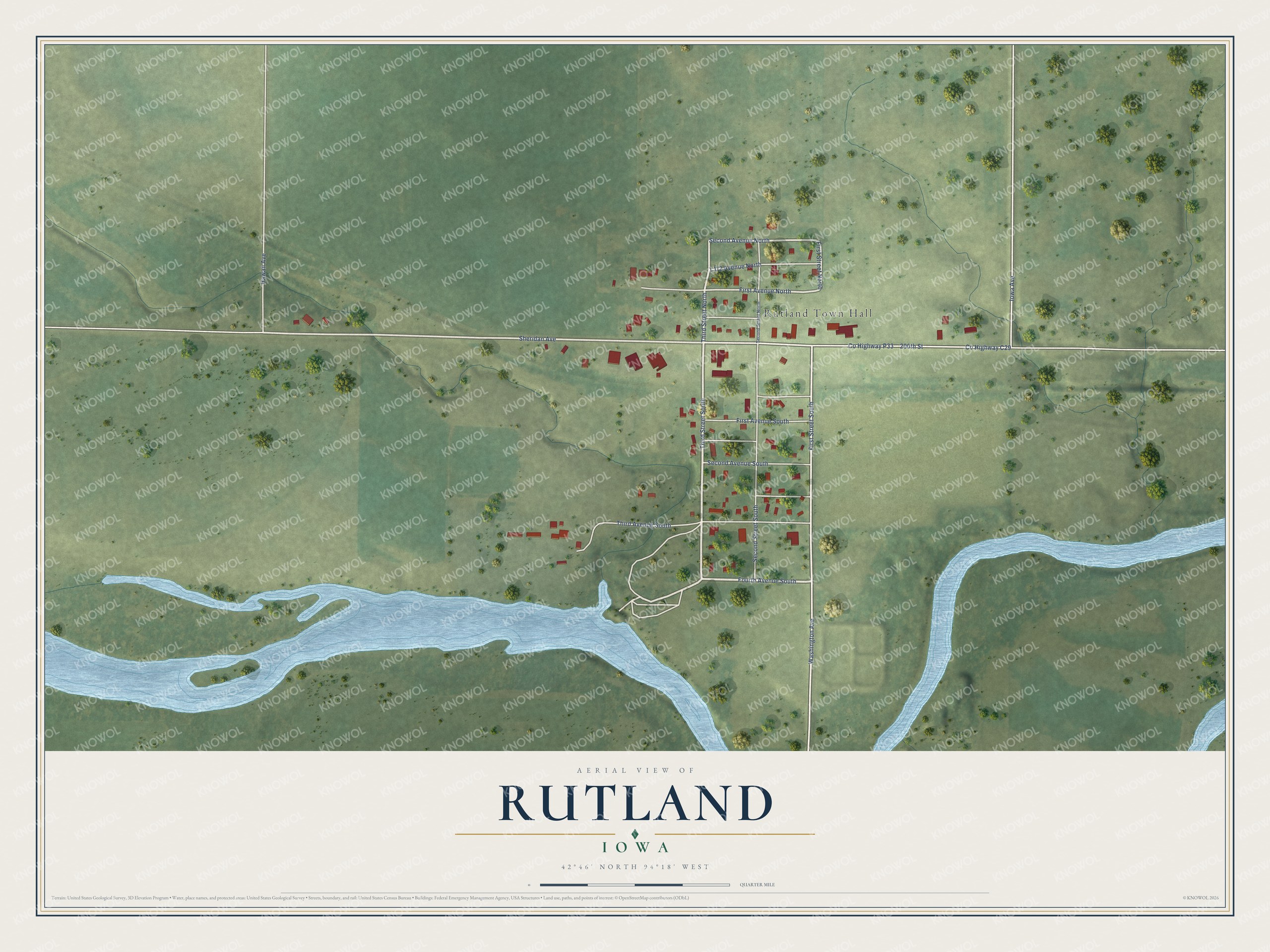 Full map of Rutland, Iowa, with red buildings, printed street names and the land around them