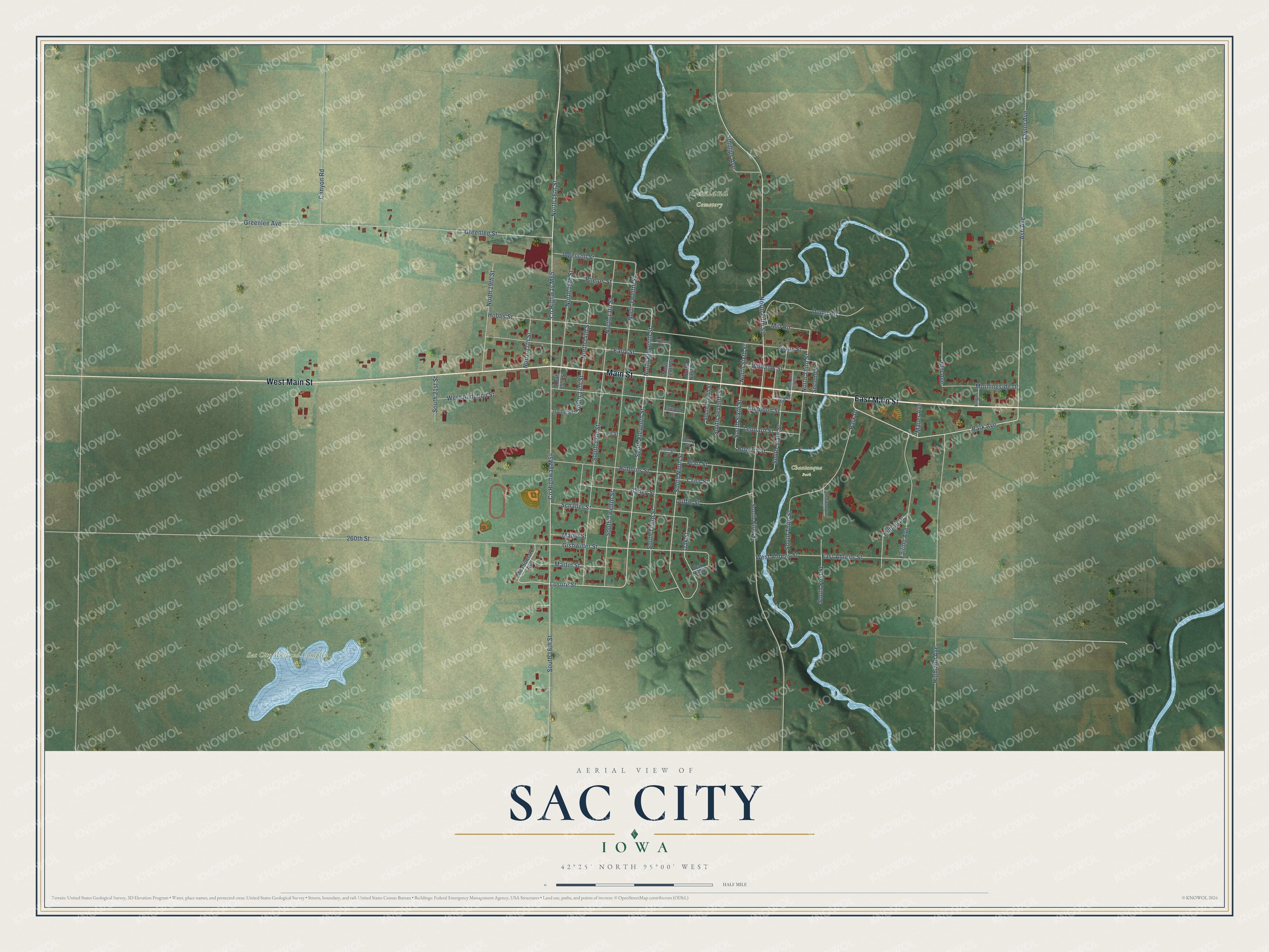 Full map of Sac City, Iowa, with red buildings, printed street names and the land around them