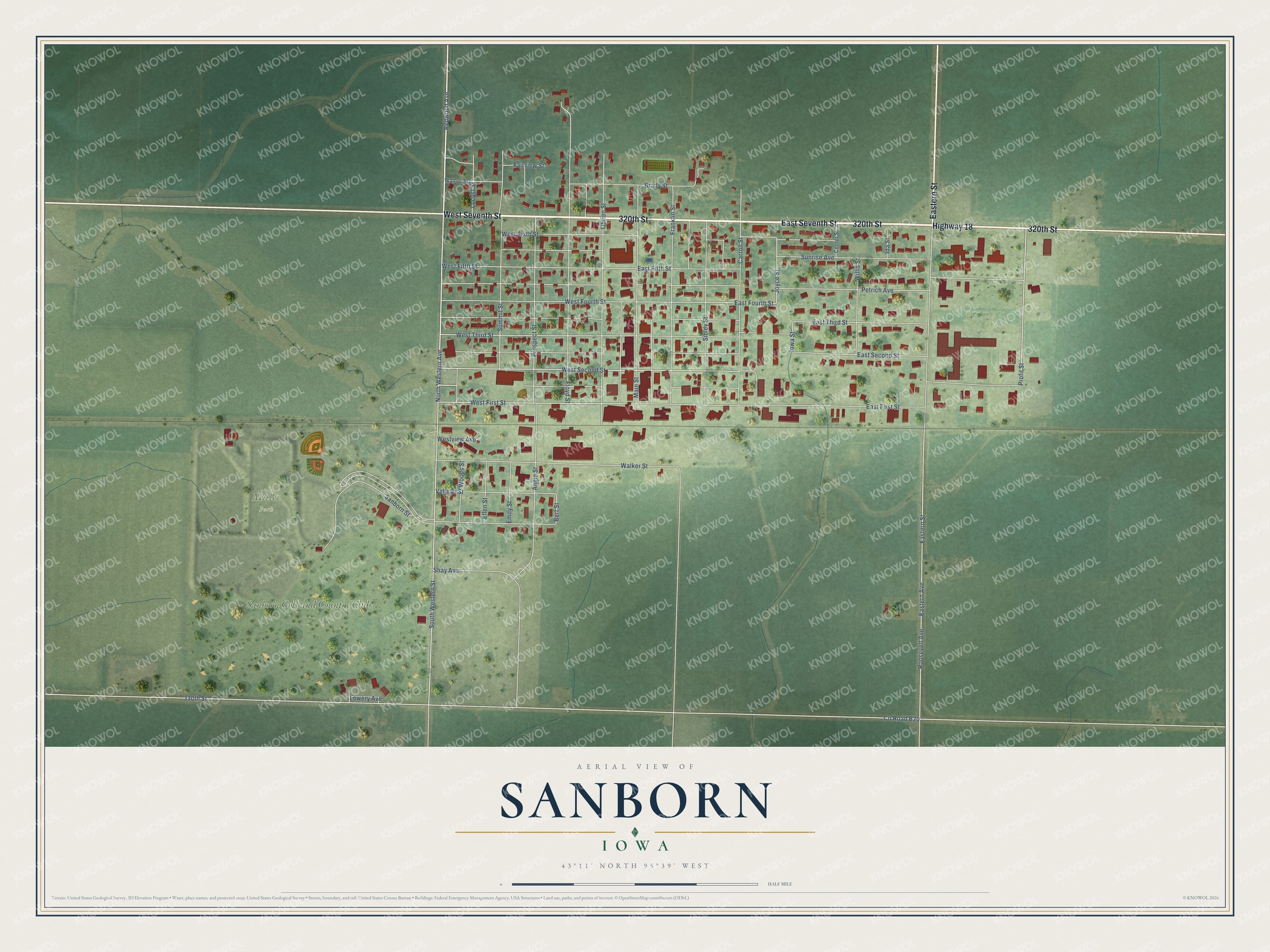 Full map of Sanborn, Iowa, with red buildings, printed street names and the land around them