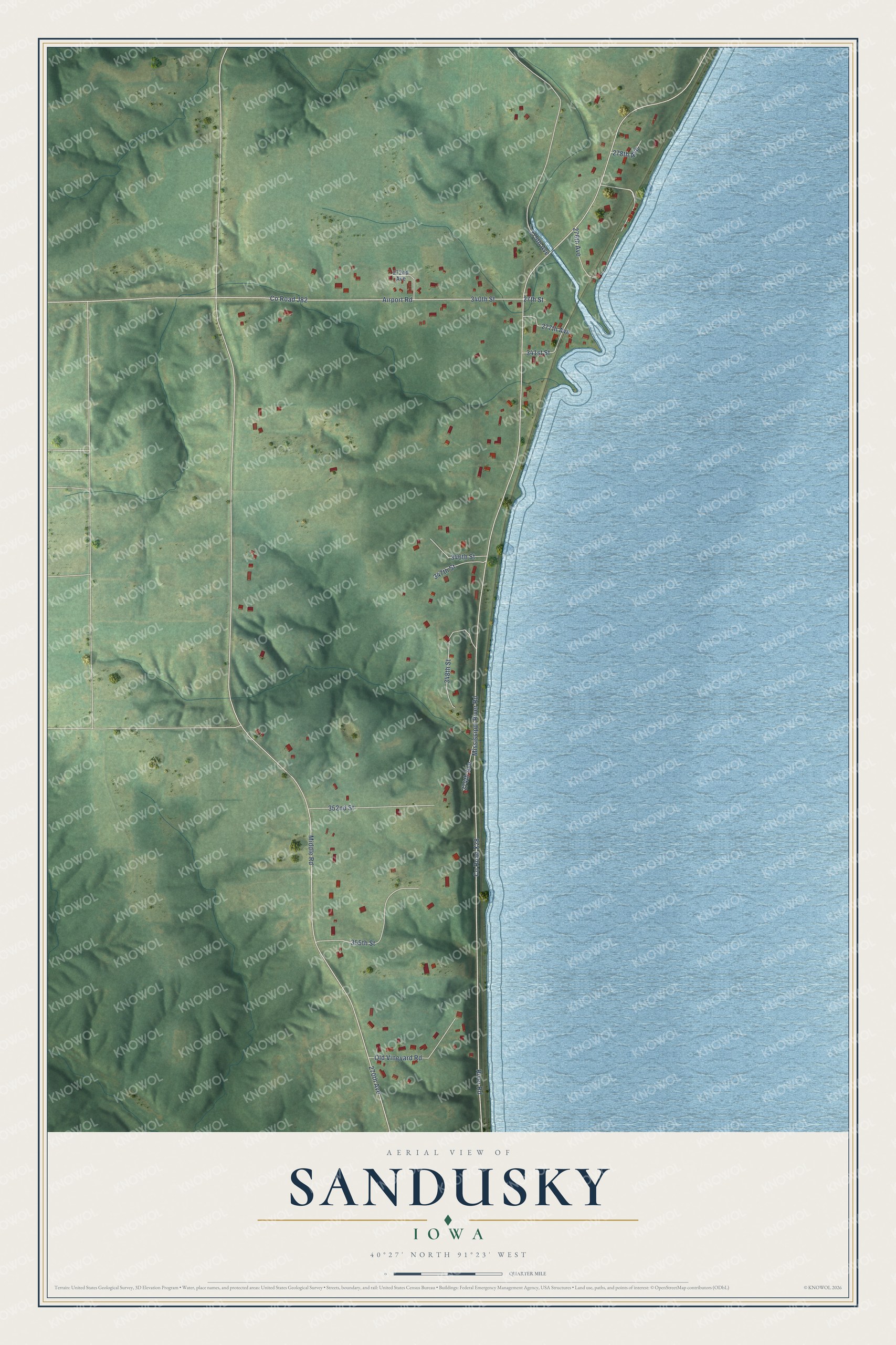 Full map of Sandusky, Iowa, with red buildings, printed street names and the land around them