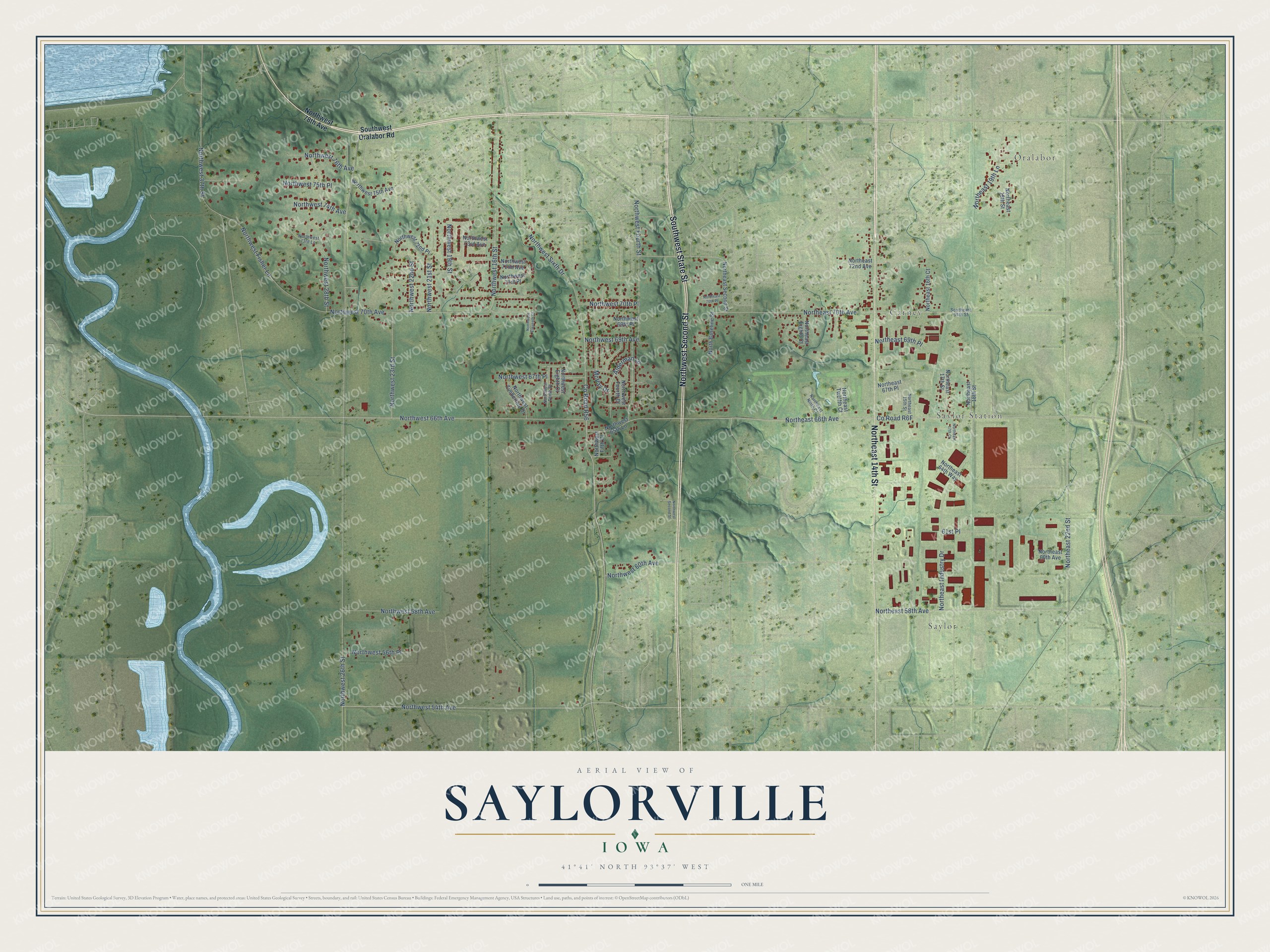 Full map of Saylorville, Iowa, with red buildings, printed street names and the land around them