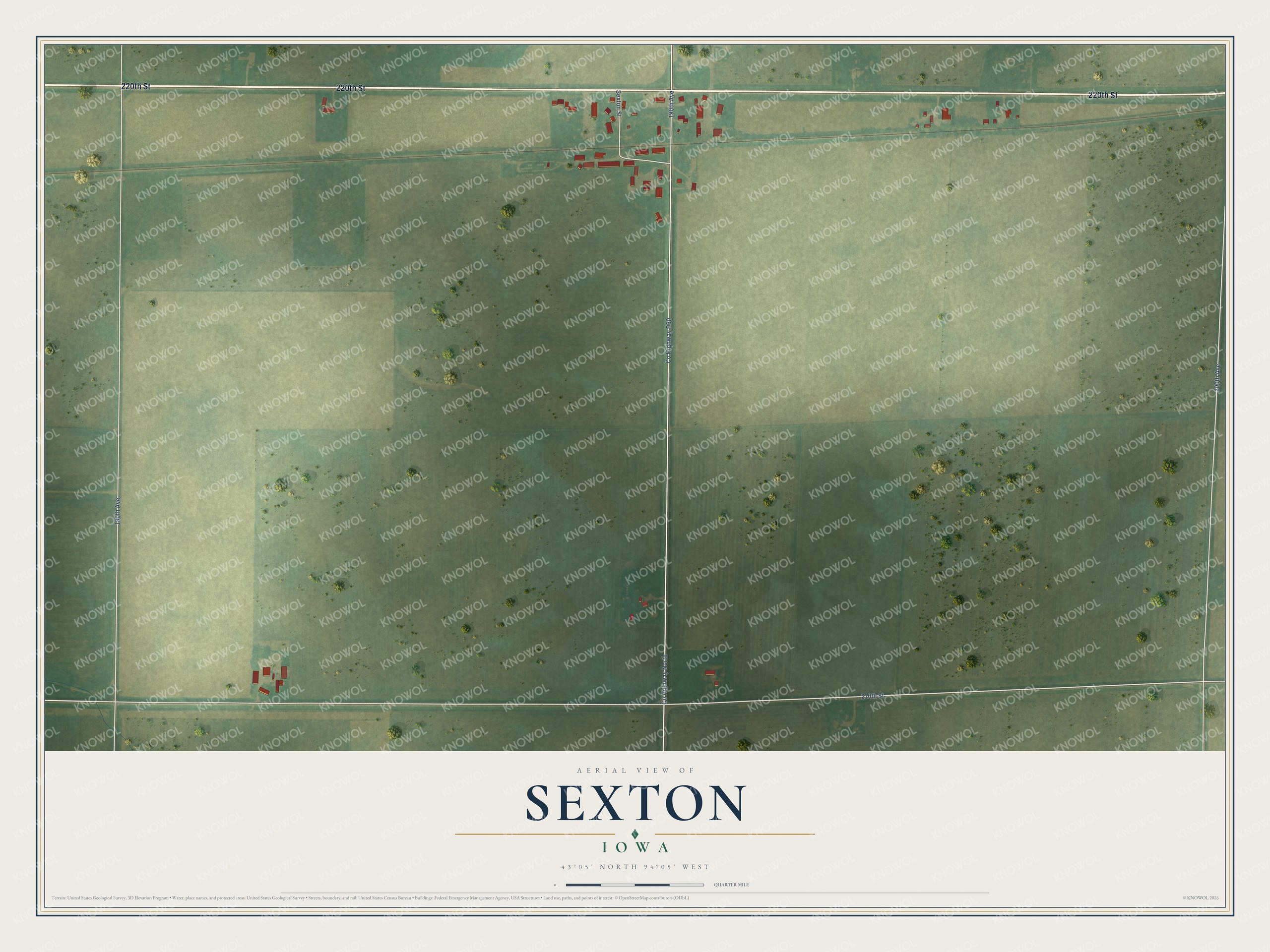 Full map of Sexton, Iowa, with red buildings, printed street names and the land around them