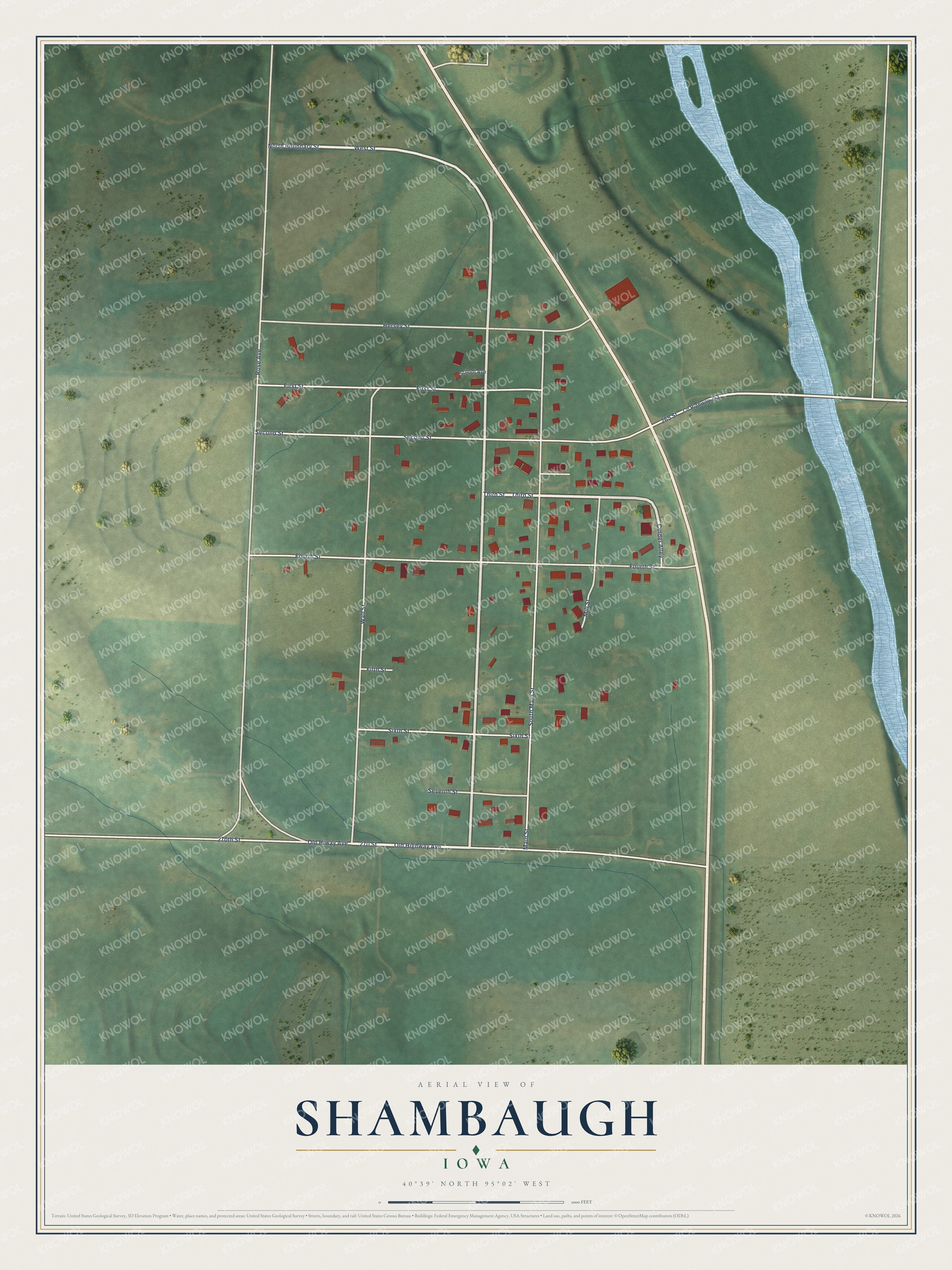 Full map of Shambaugh, Iowa, with red buildings, printed street names and the land around them