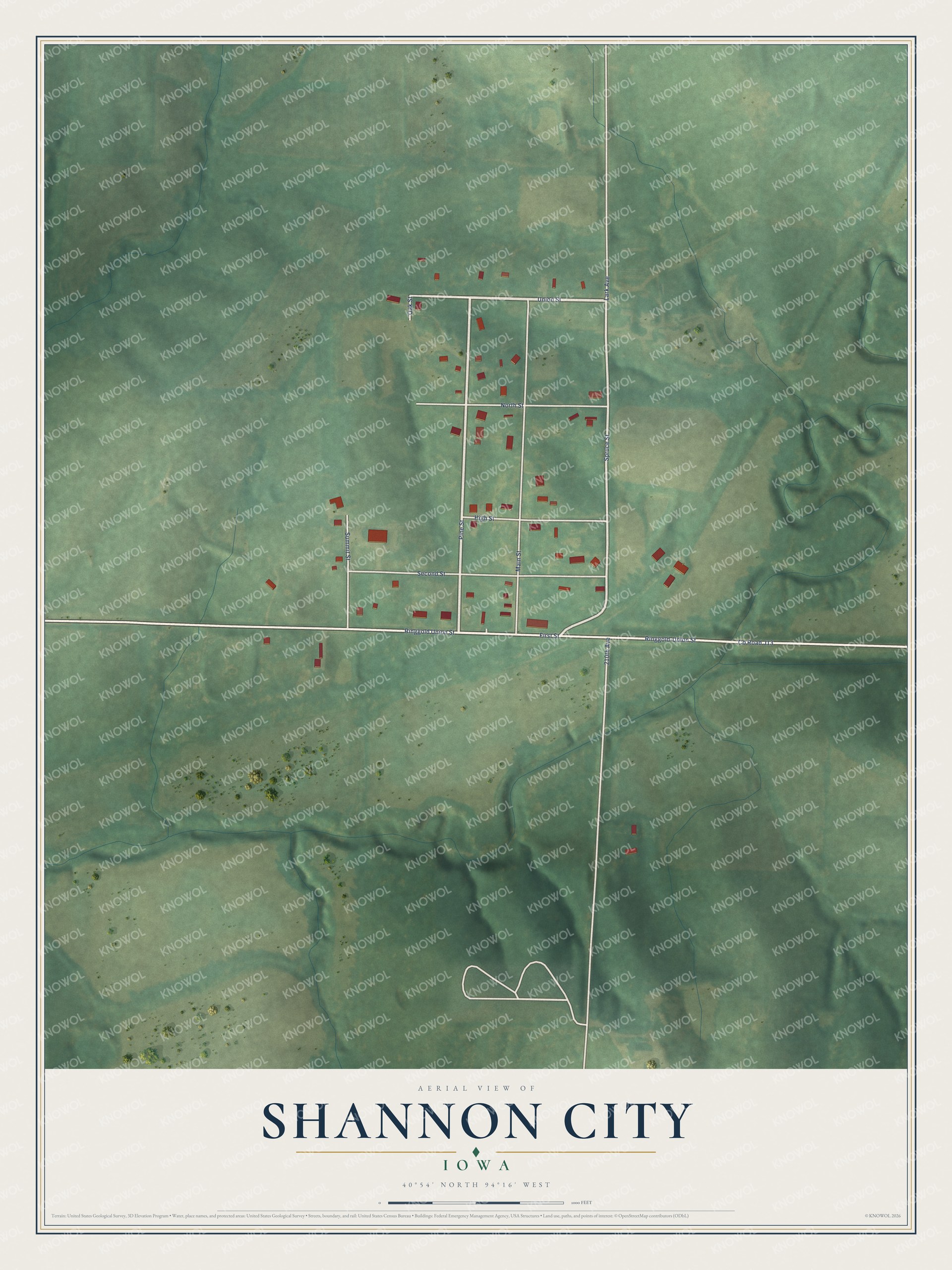 Full map of Shannon City, Iowa, with red buildings, printed street names and the land around them