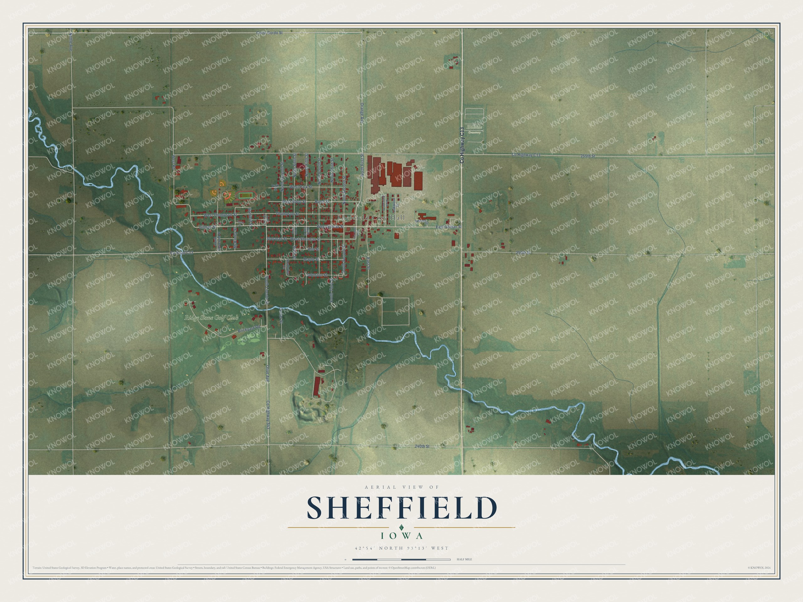 Full map of Sheffield, Iowa, with red buildings, printed street names and the land around them