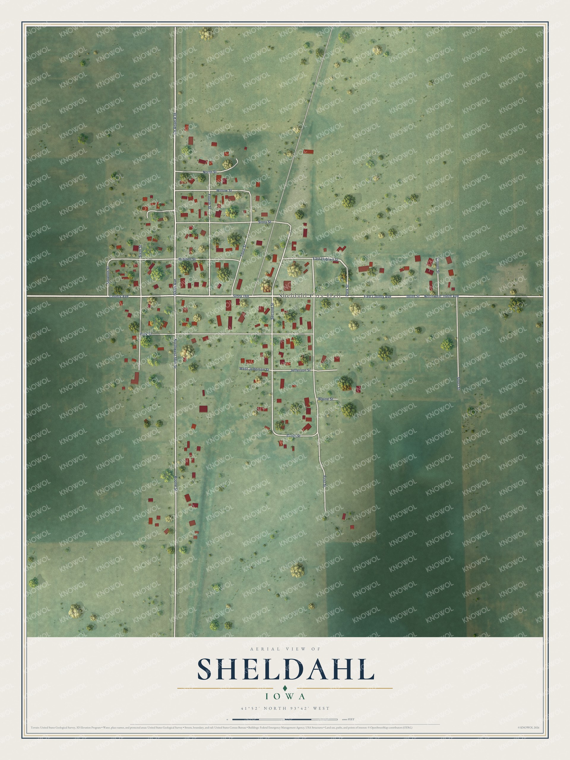 Full map of Sheldahl, Iowa, with red buildings, printed street names and the land around them