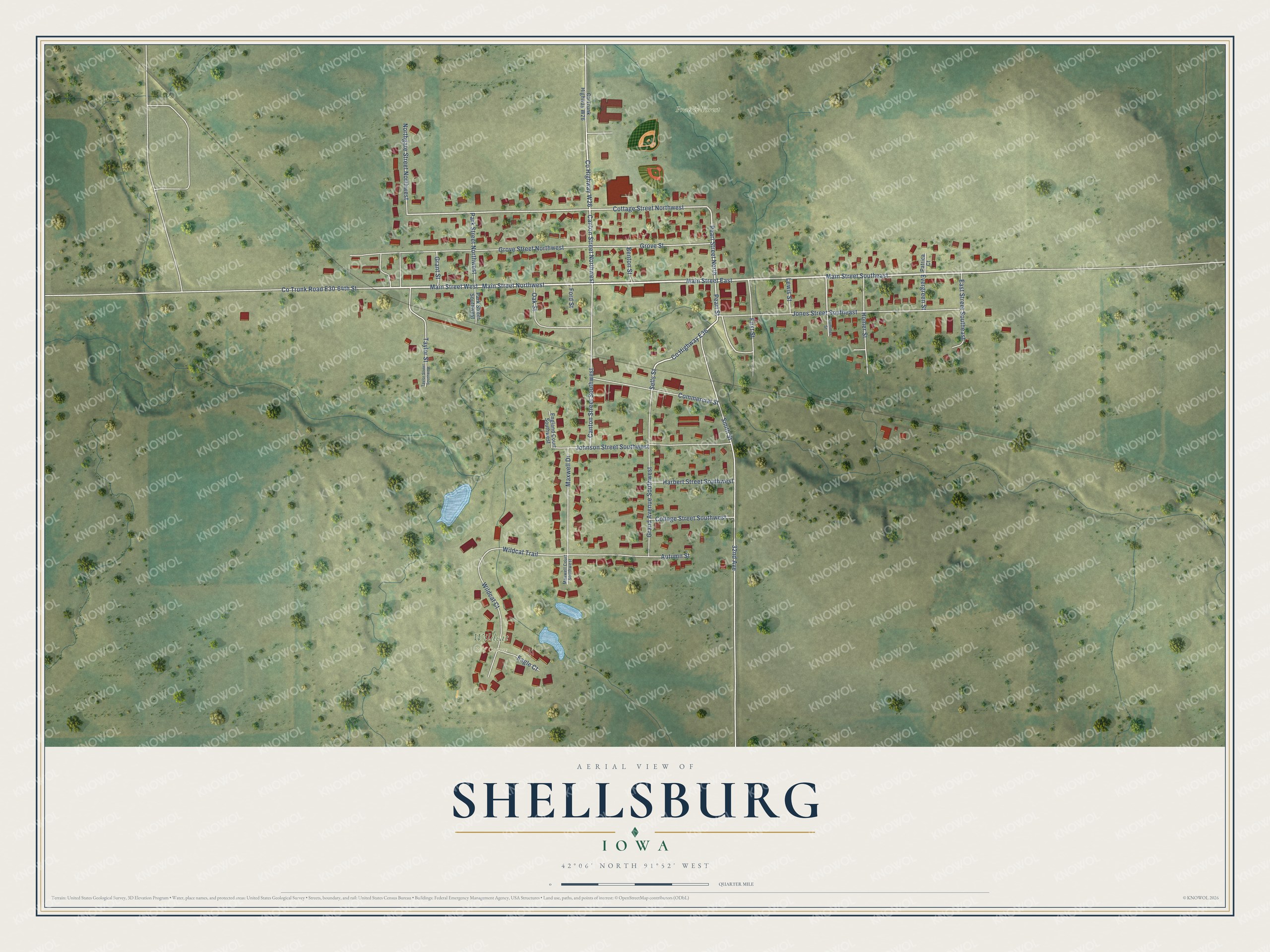 Full map of Shellsburg, Iowa, with red buildings, printed street names and the land around them