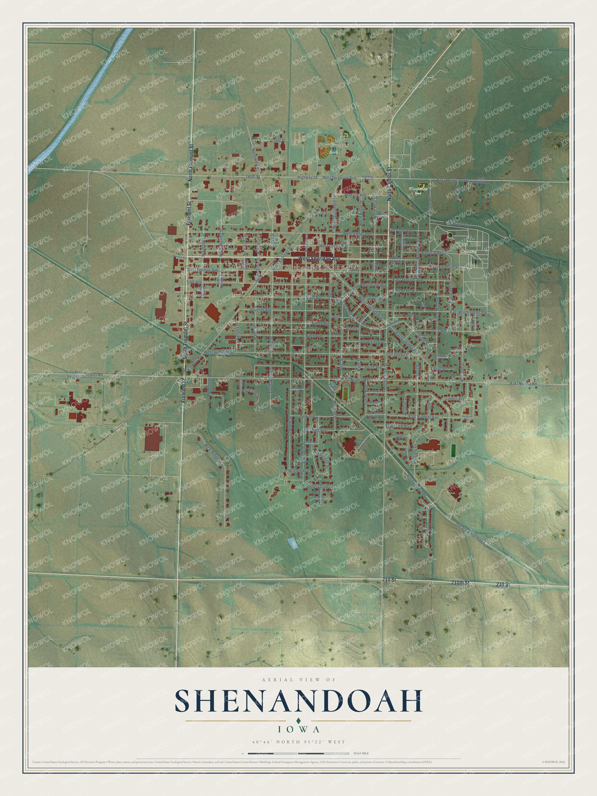 Full map of Shenandoah, Iowa, with red buildings, printed street names and the land around them