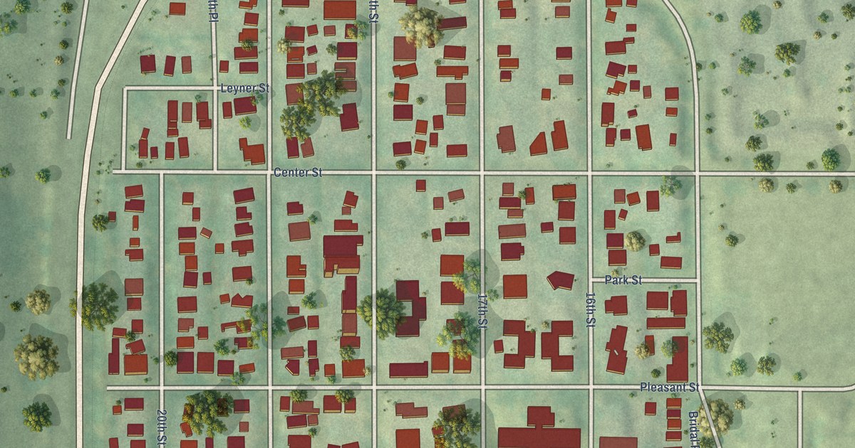 Close-up of streets and buildings in Sherman Hill, Iowa
