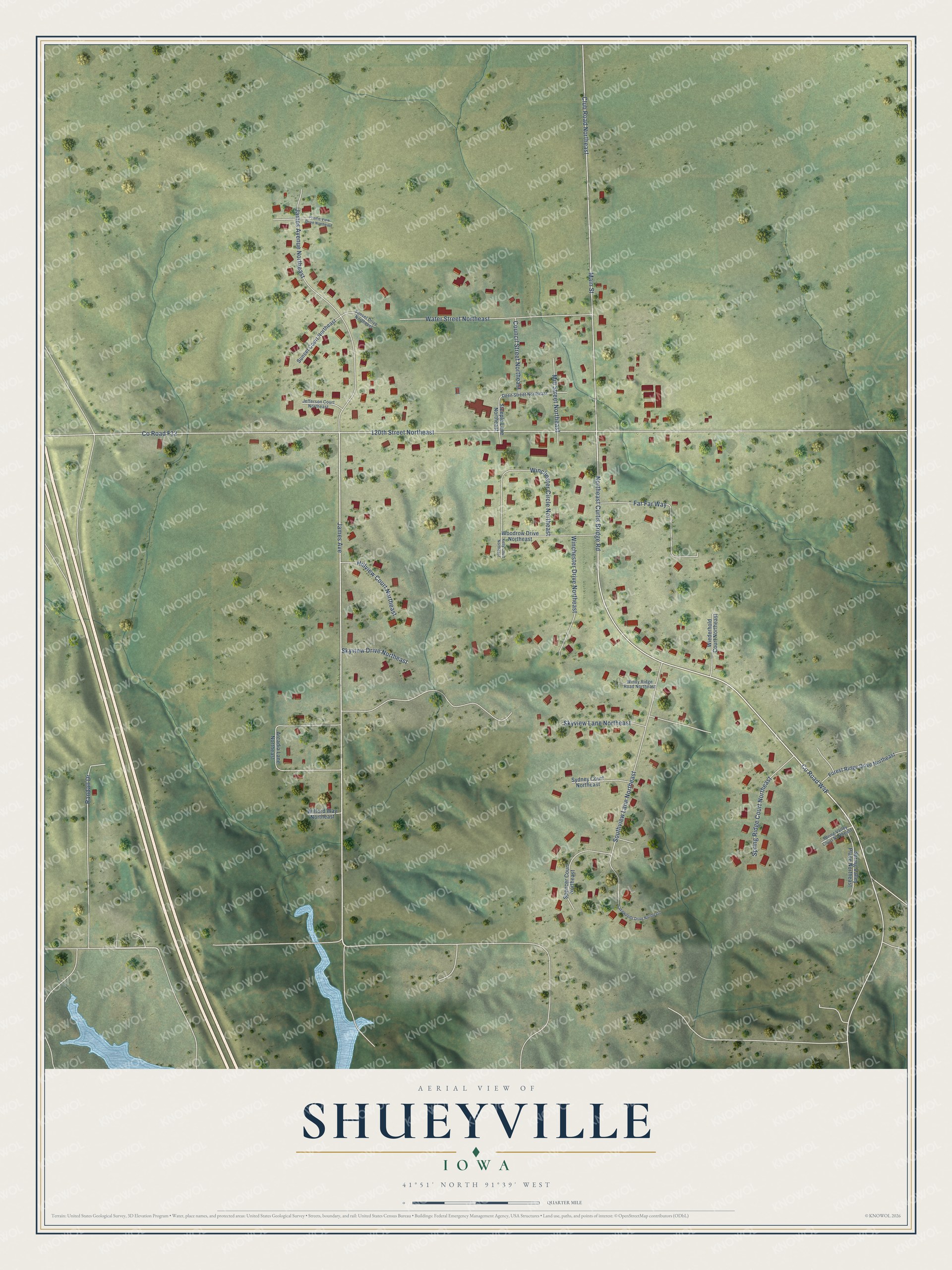 Full map of Shueyville, Iowa, with red buildings, printed street names and the land around them