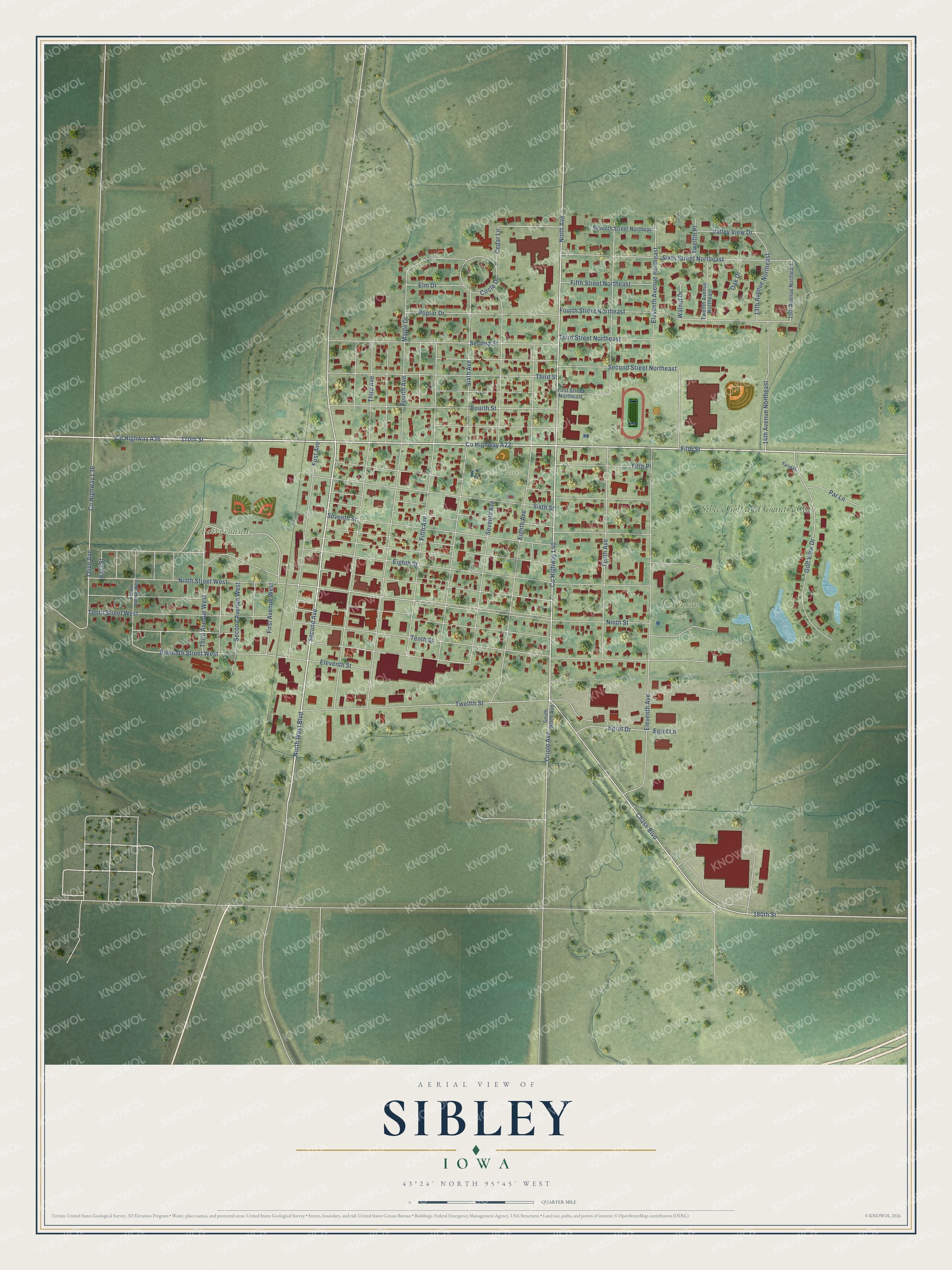 Full map of Sibley, Iowa, with red buildings, printed street names and the land around them