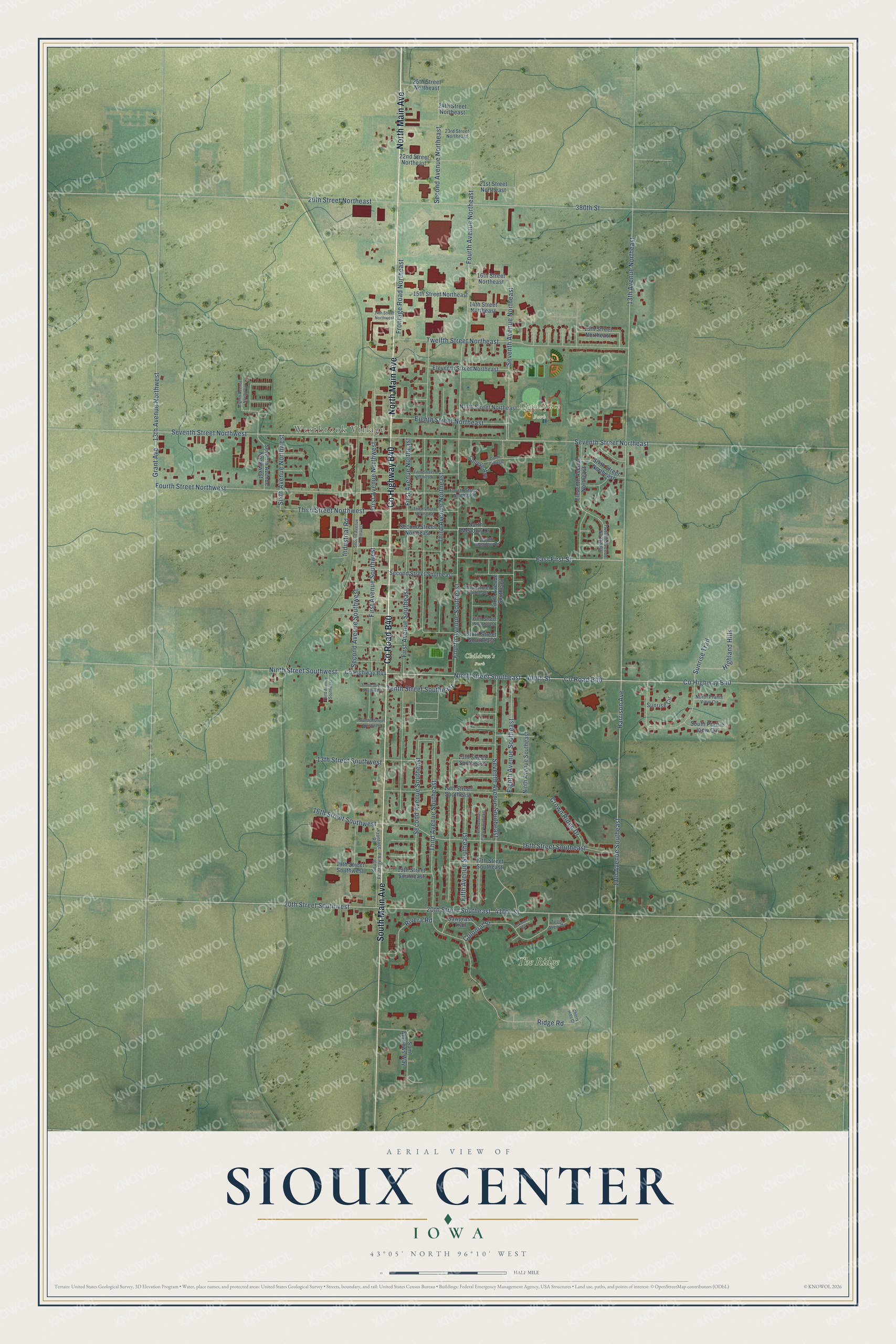 Full map of Sioux Center, Iowa, with red buildings, printed street names and the land around them