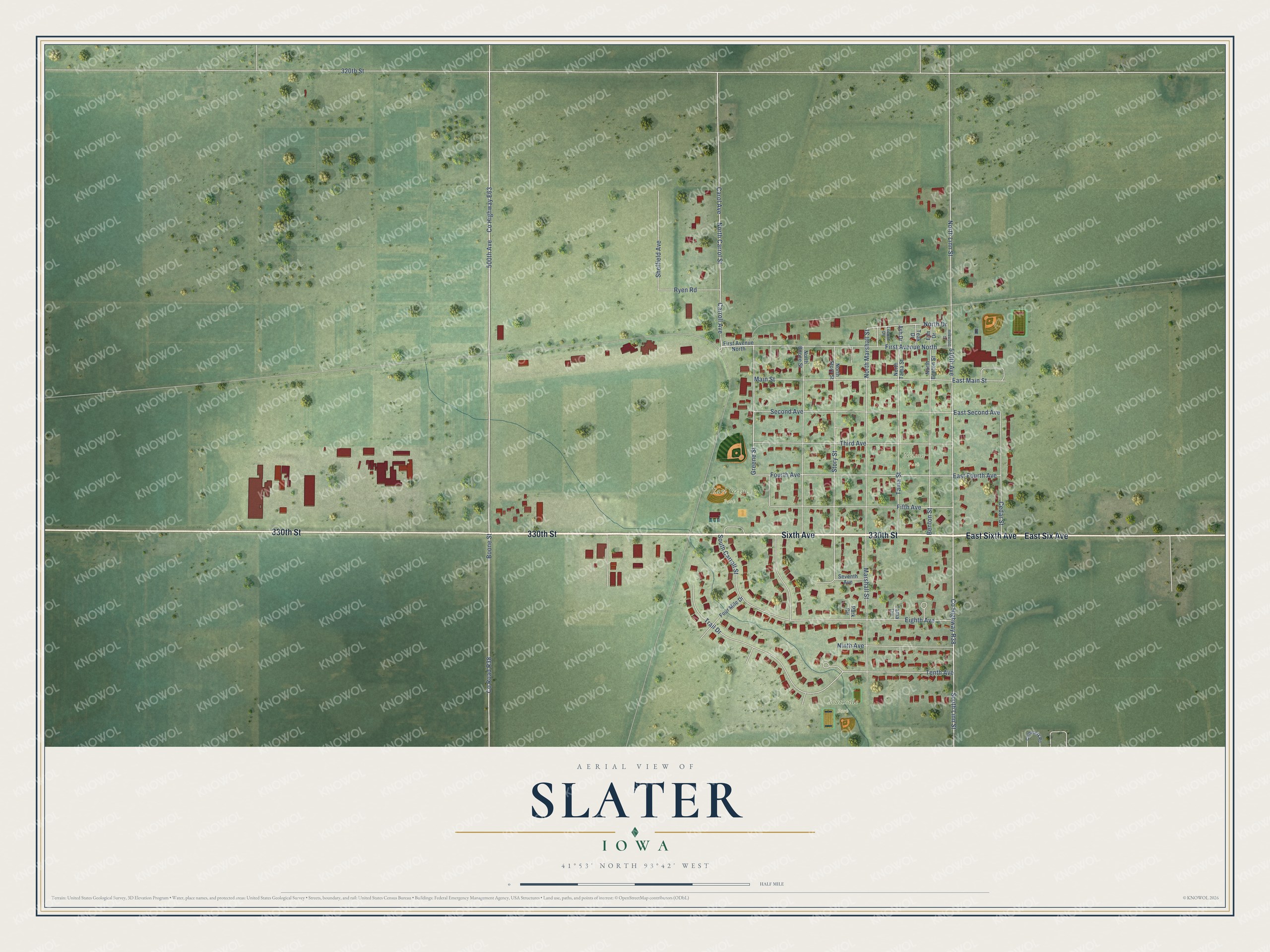 Full map of Slater, Iowa, with red buildings, printed street names and the land around them
