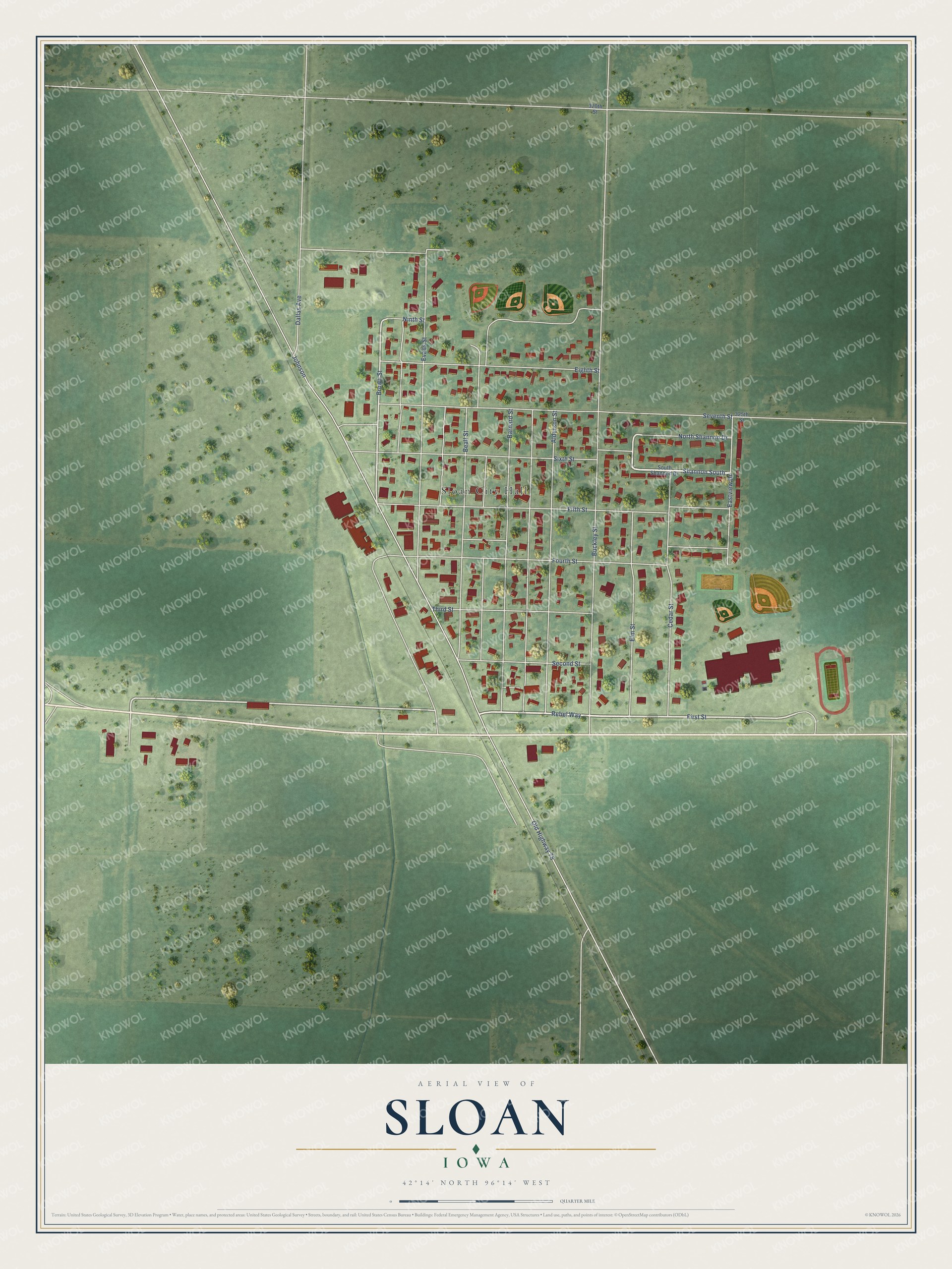 Full map of Sloan, Iowa, with red buildings, printed street names and the land around them