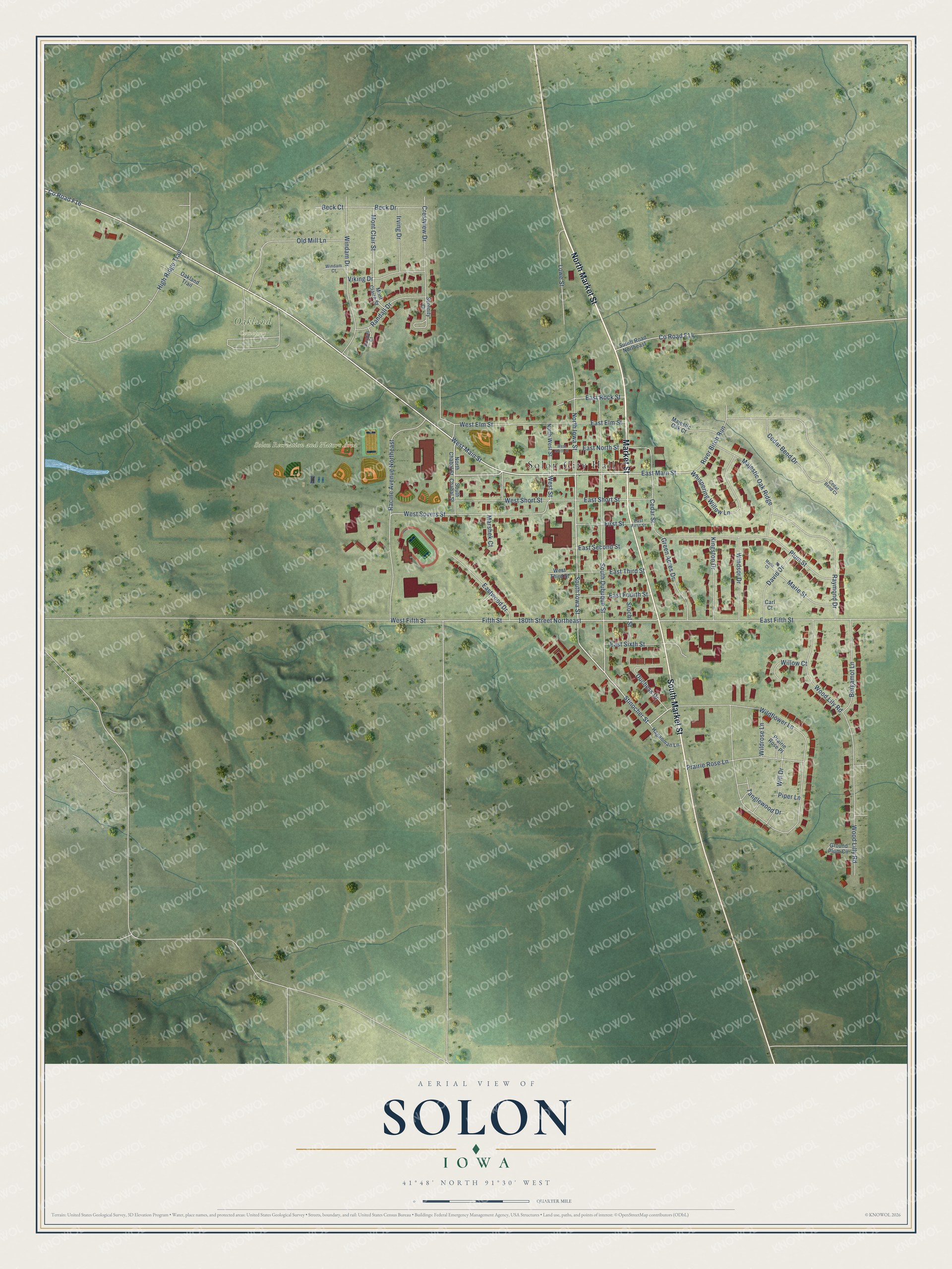 Full map of Solon, Iowa, with red buildings, printed street names and the land around them