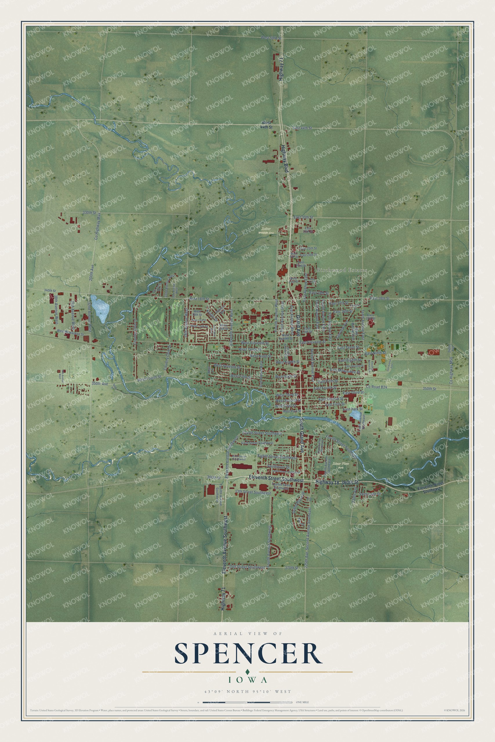 Full map of Spencer, Iowa, with red buildings, printed street names and the land around them