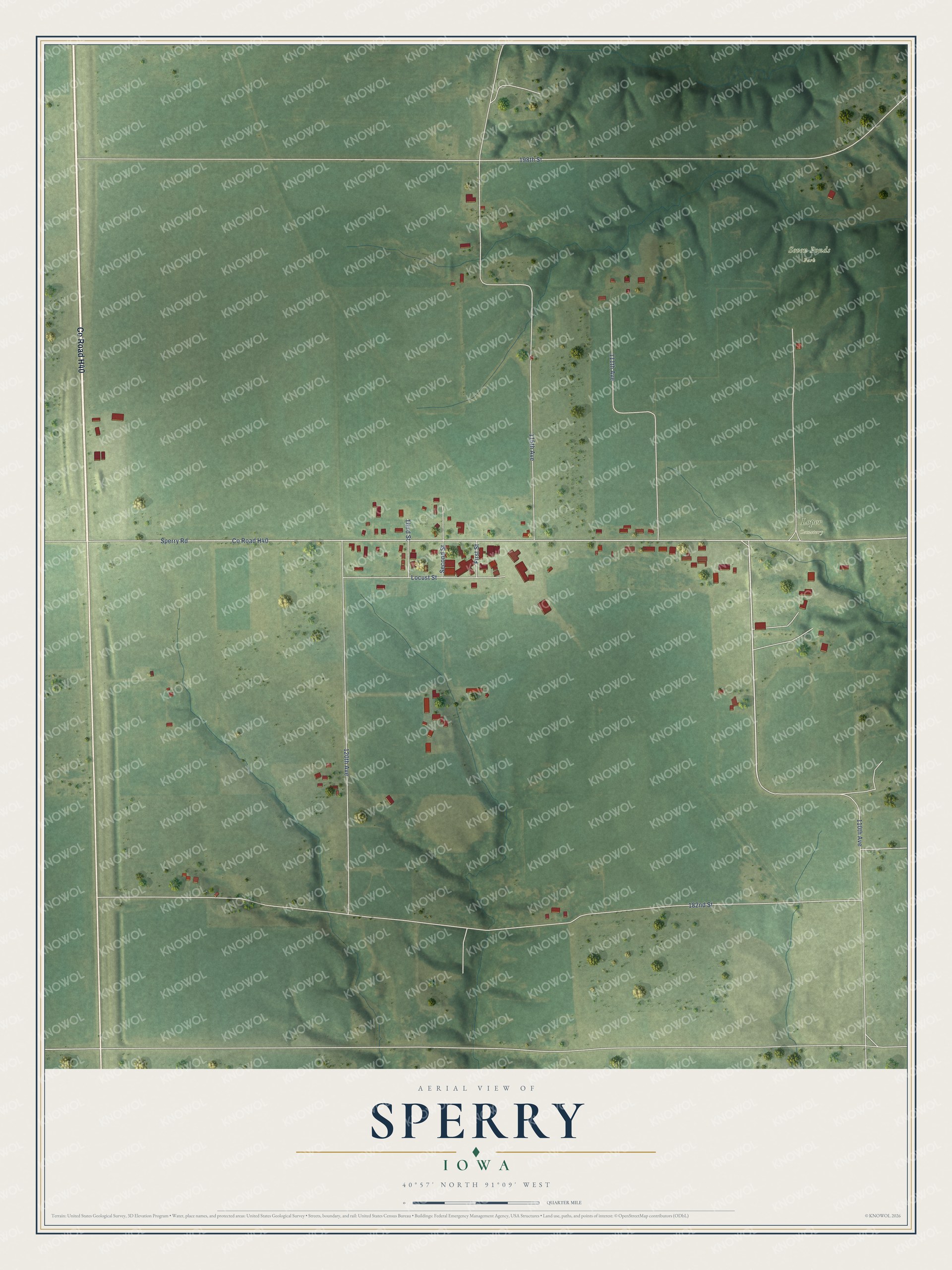 Full map of Sperry, Iowa, with red buildings, printed street names and the land around them