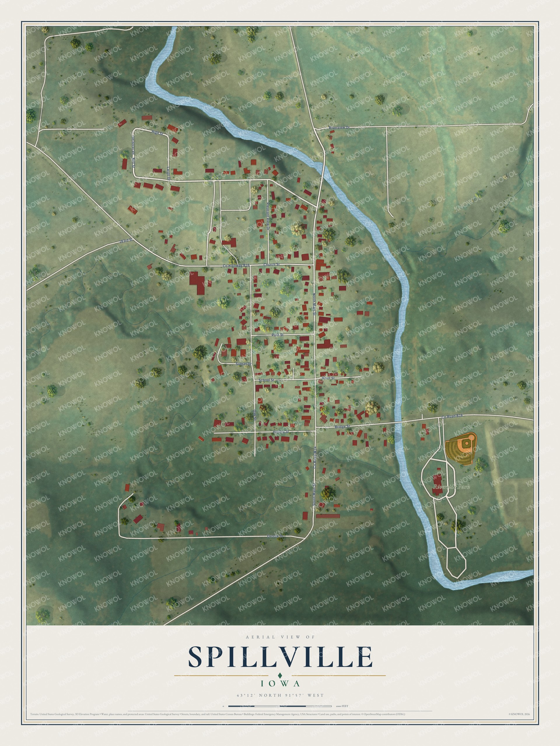 Full map of Spillville, Iowa, with red buildings, printed street names and the land around them