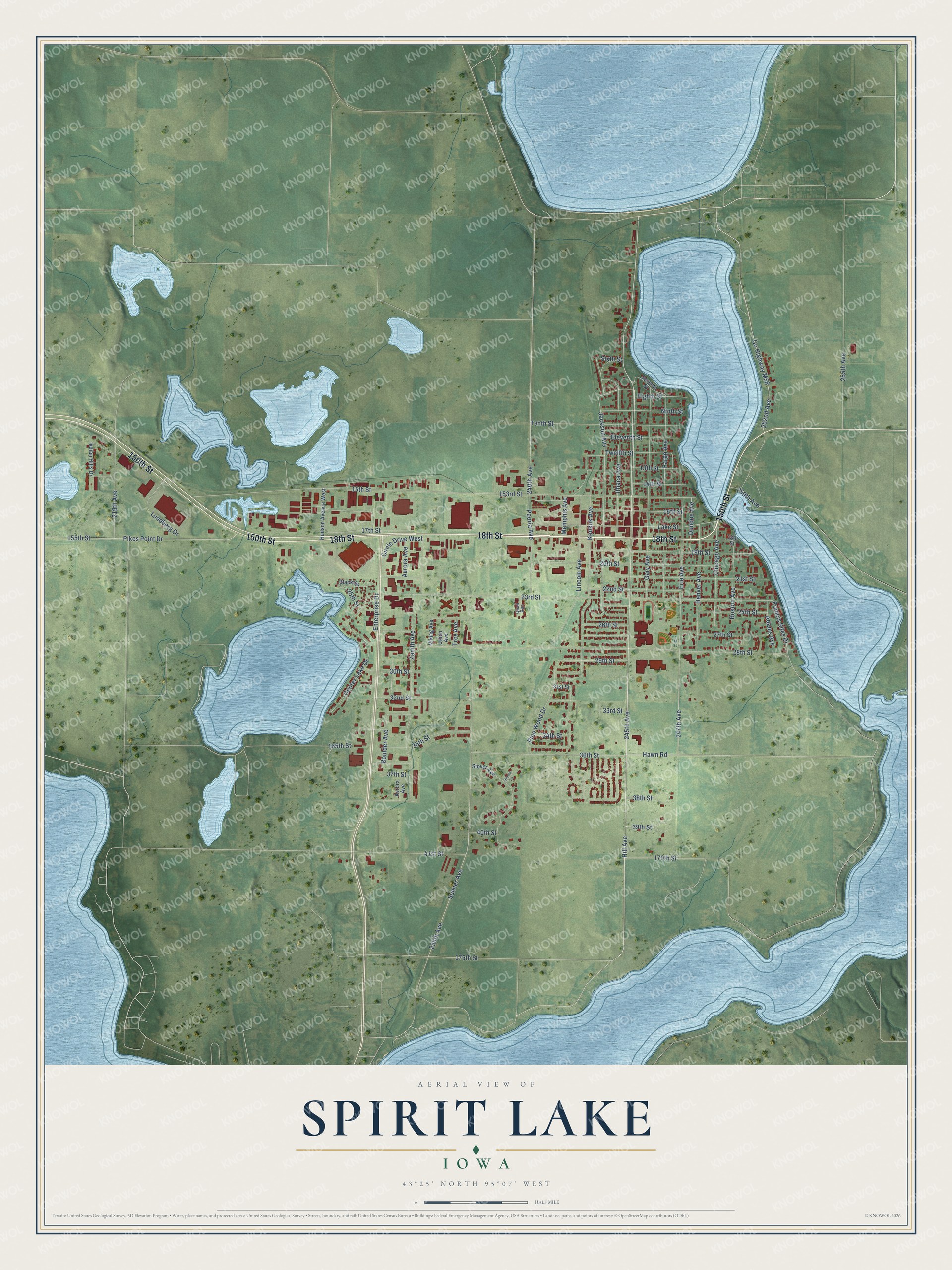 Full map of Spirit Lake, Iowa, with red buildings, printed street names and the land around them