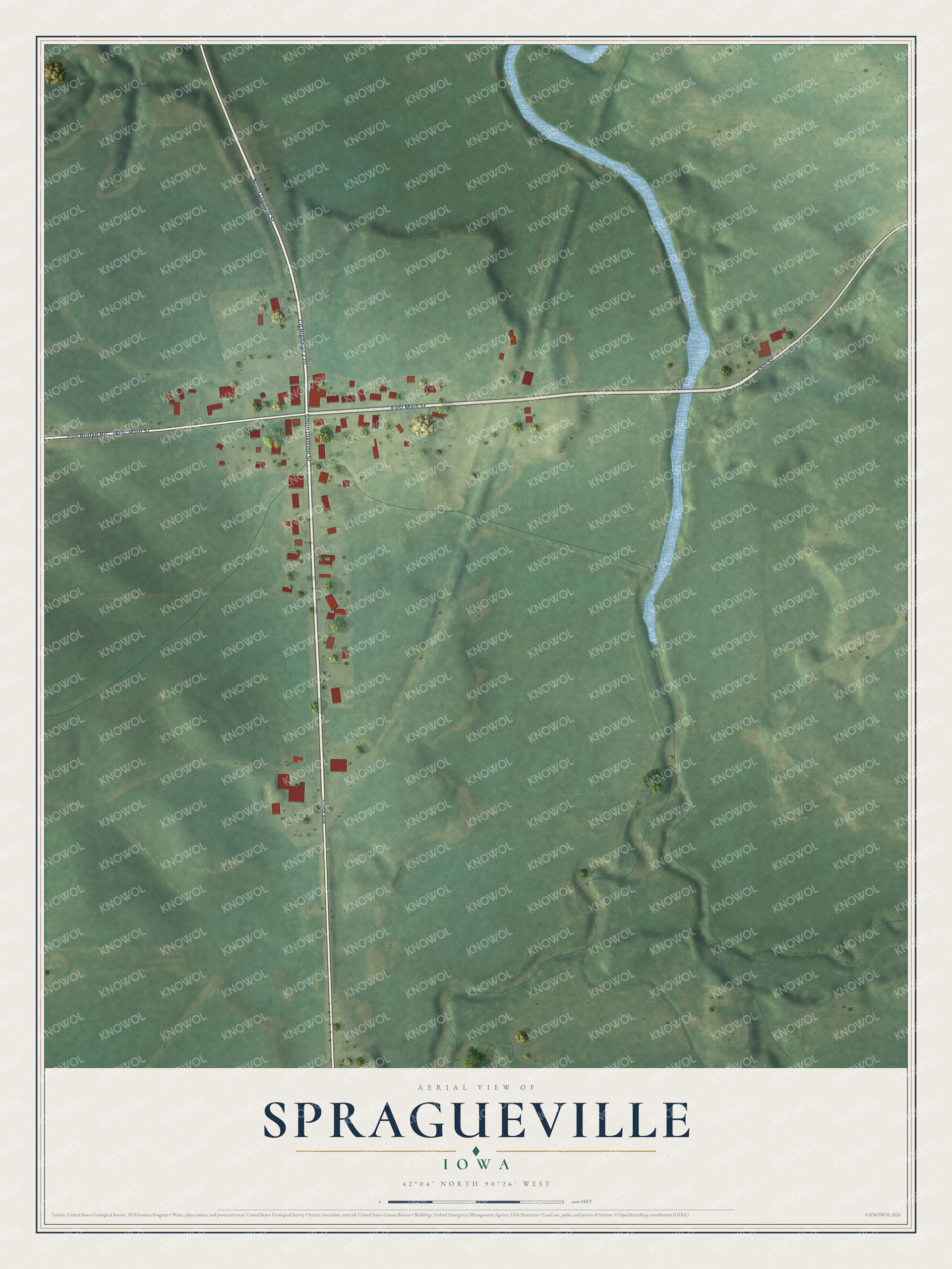 Full map of Spragueville, Iowa, with red buildings, printed street names and the land around them