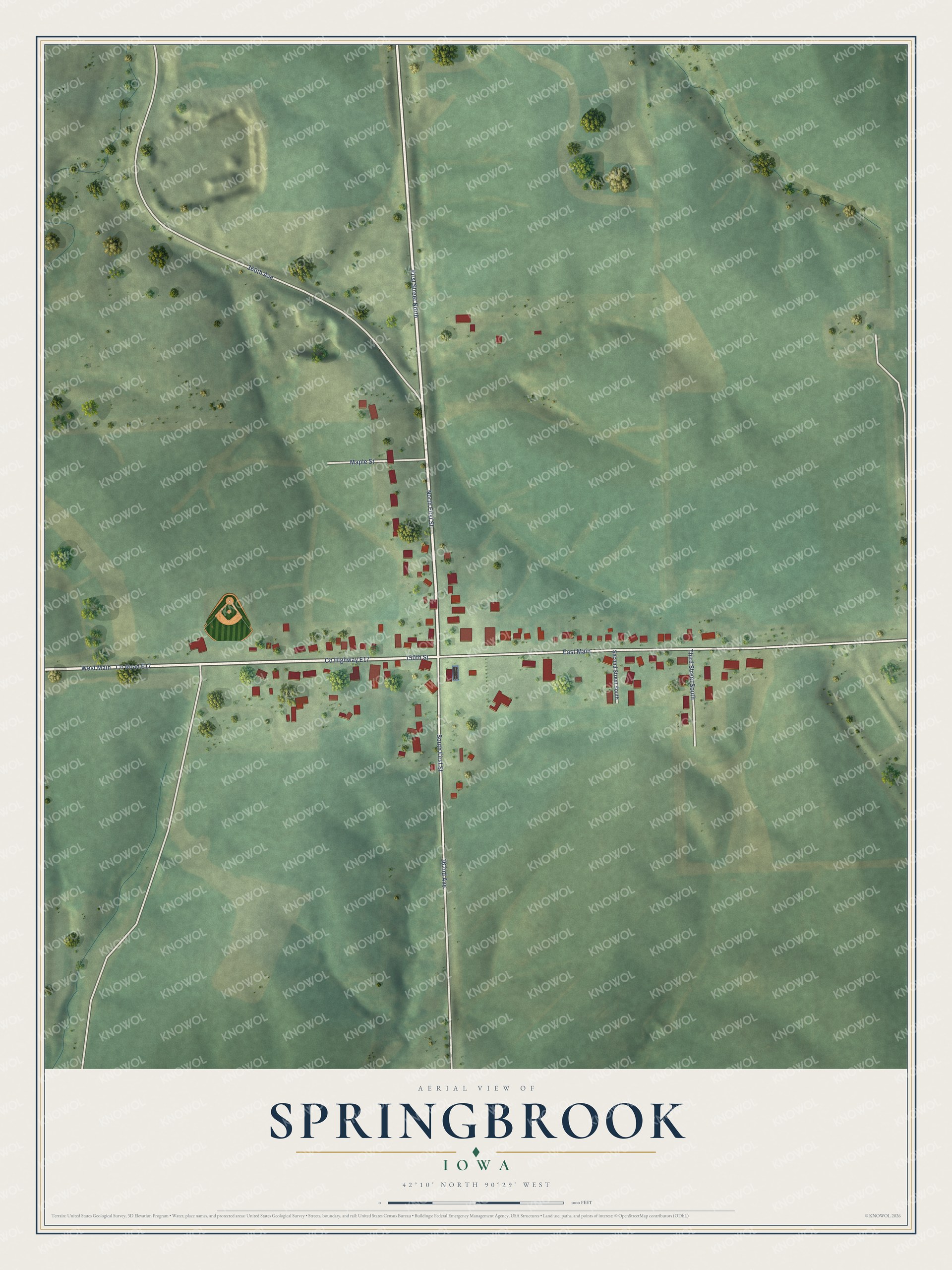 Full map of Springbrook, Iowa, with red buildings, printed street names and the land around them