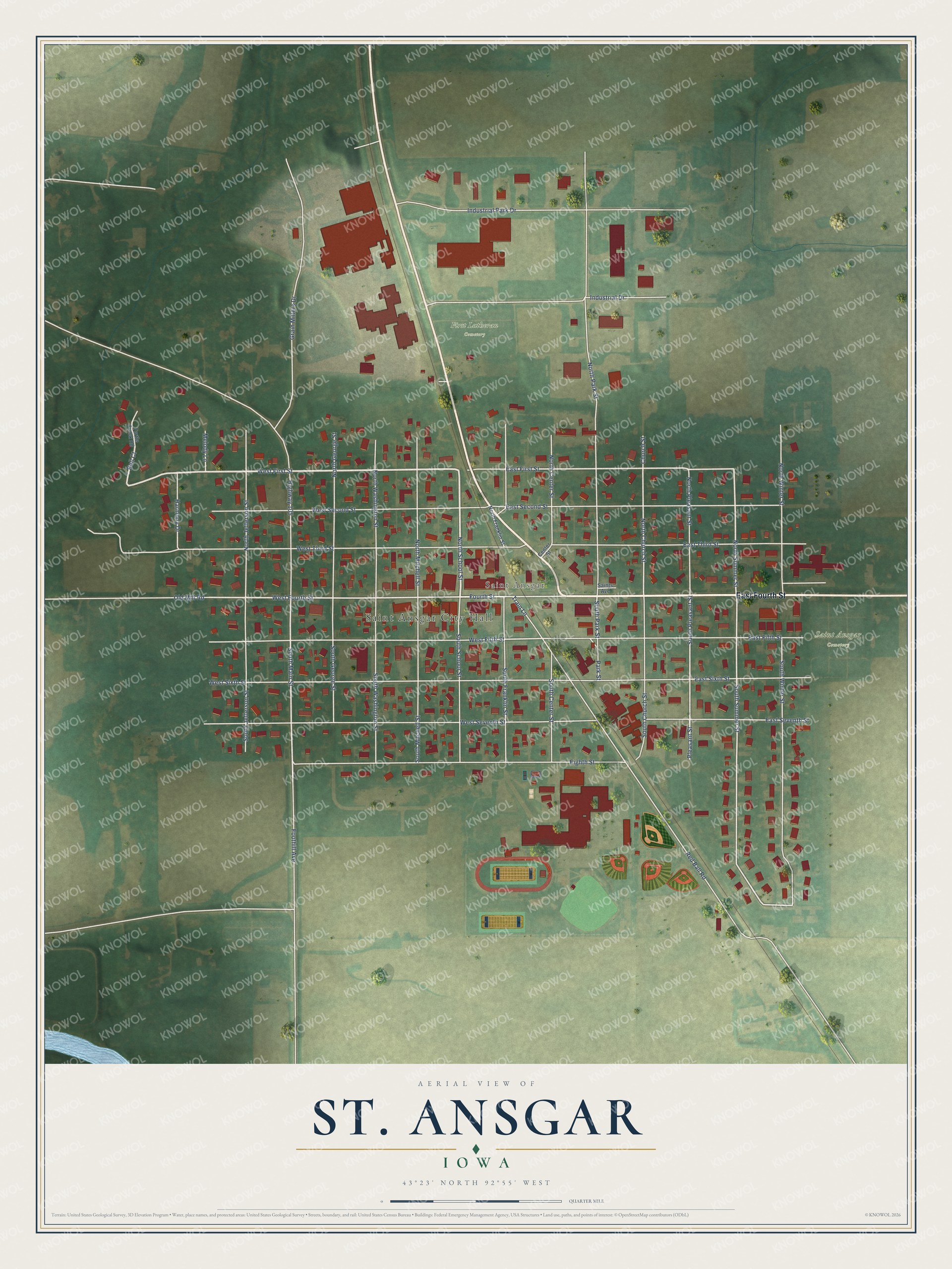 Full map of St. Ansgar, Iowa, with red buildings, printed street names and the land around them