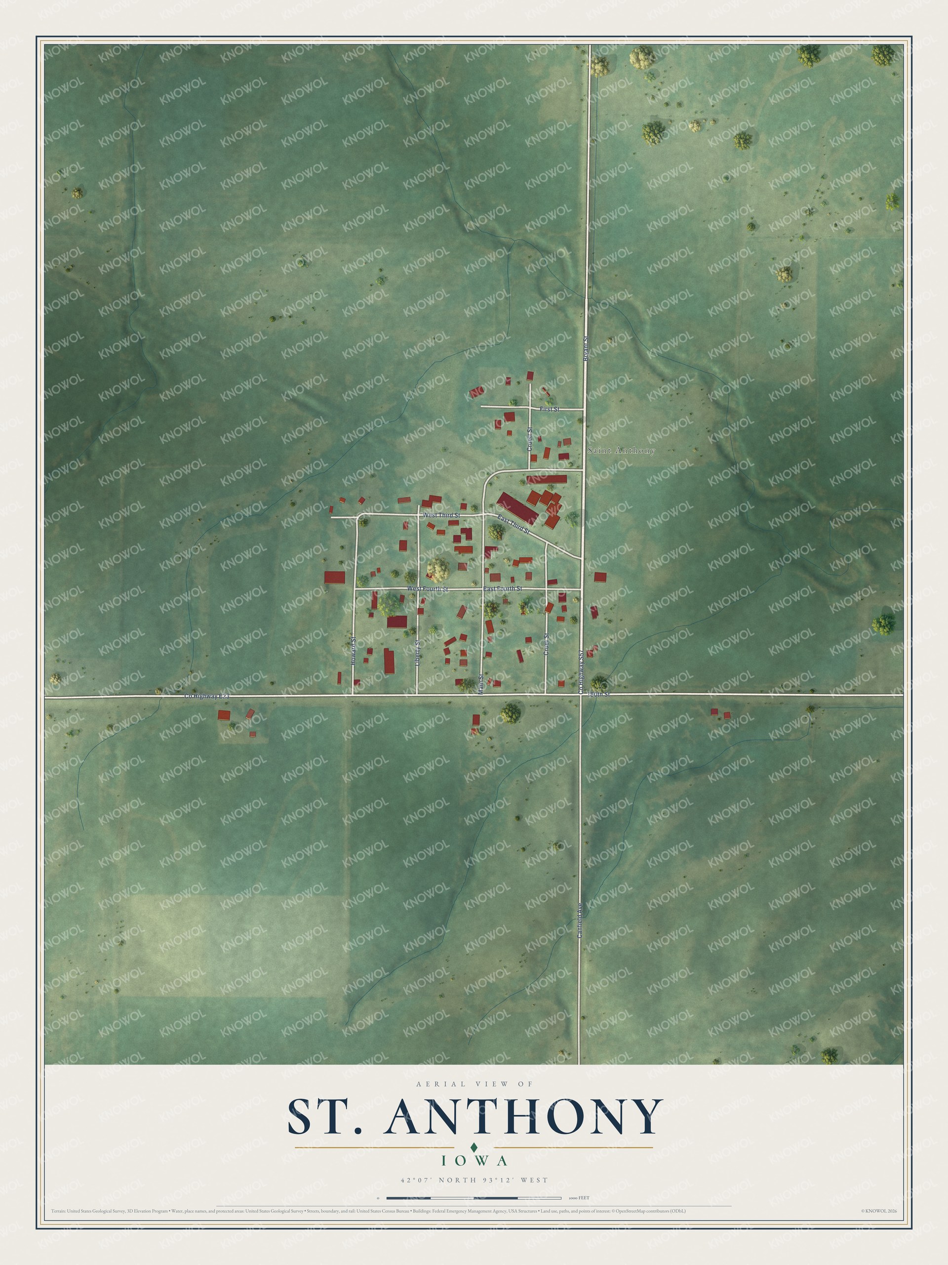 Full map of St. Anthony, Iowa, with red buildings, printed street names and the land around them