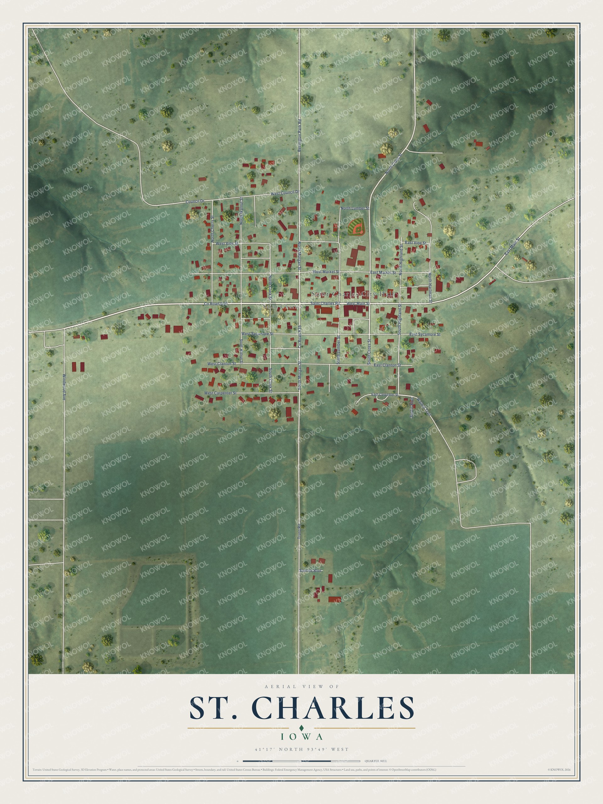 Full map of St. Charles, Iowa, with red buildings, printed street names and the land around them