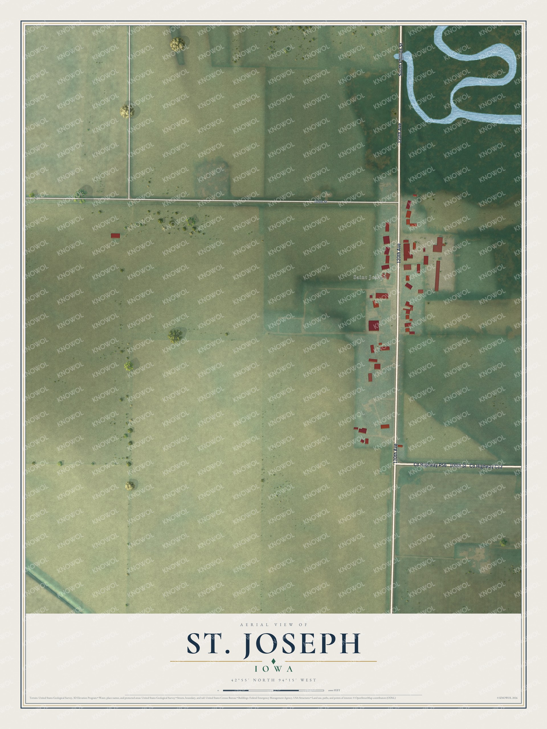 Full map of St. Joseph, Iowa, with red buildings, printed street names and the land around them