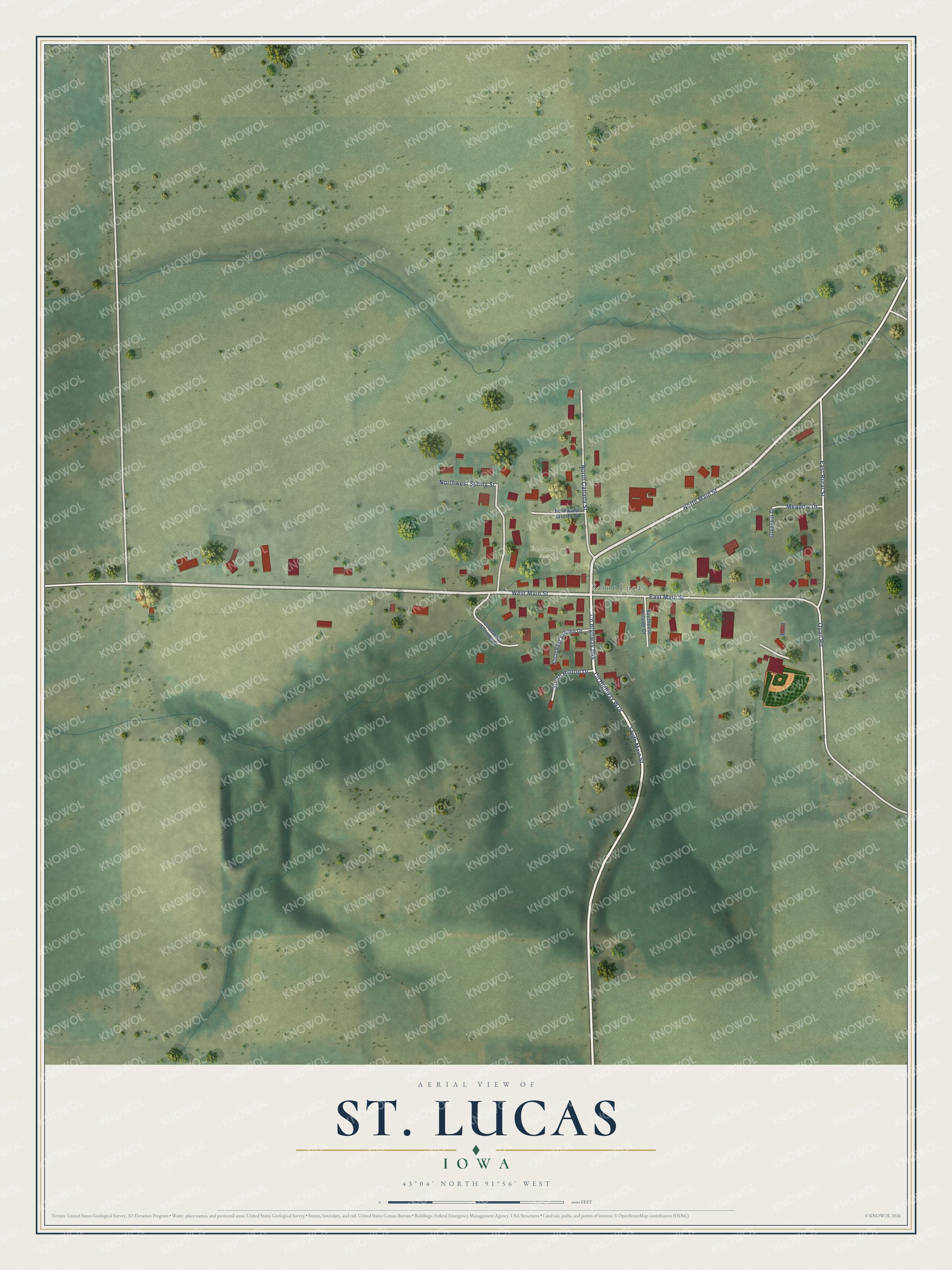 Full map of St. Lucas, Iowa, with red buildings, printed street names and the land around them