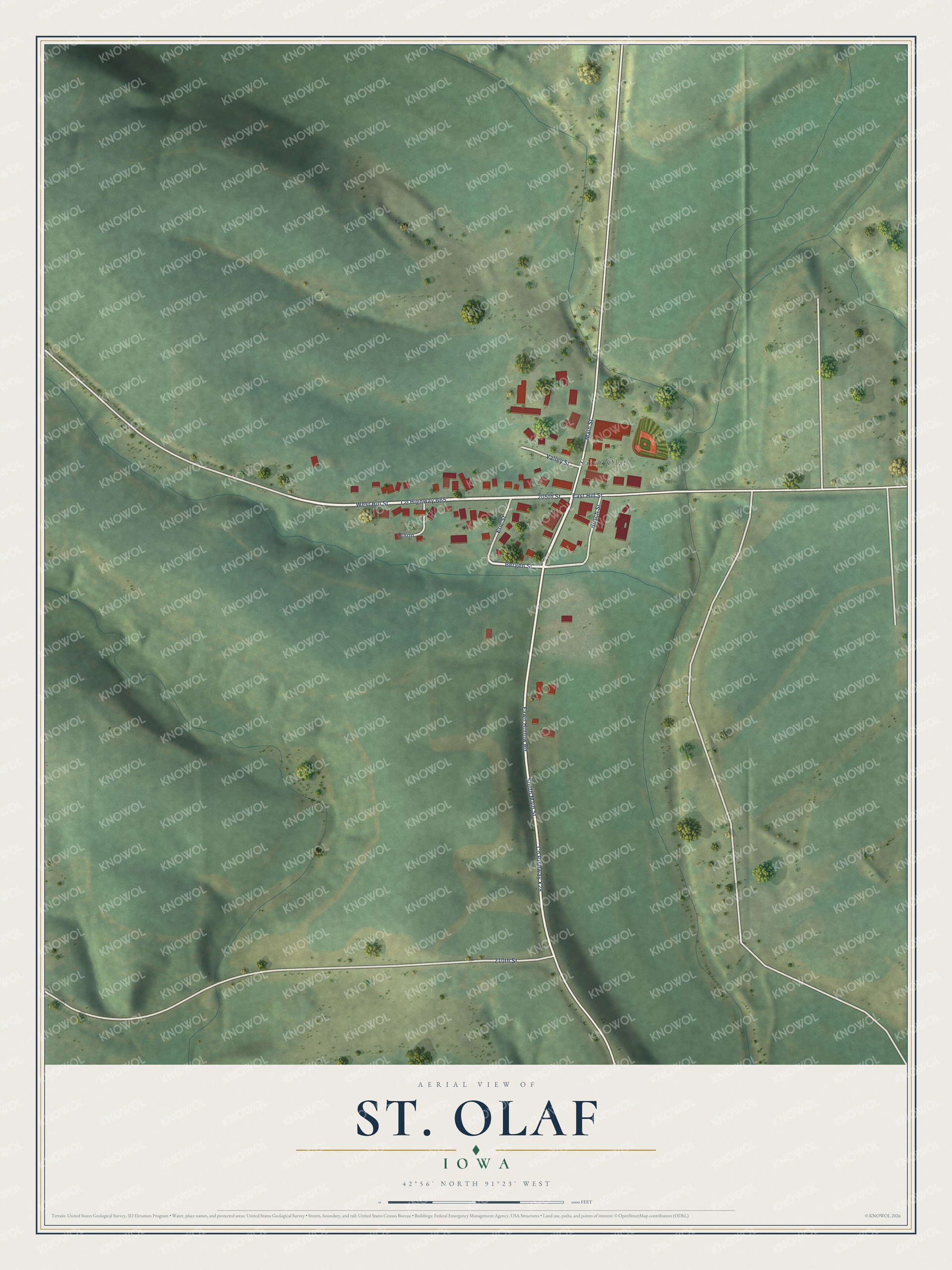 Full map of St. Olaf, Iowa, with red buildings, printed street names and the land around them