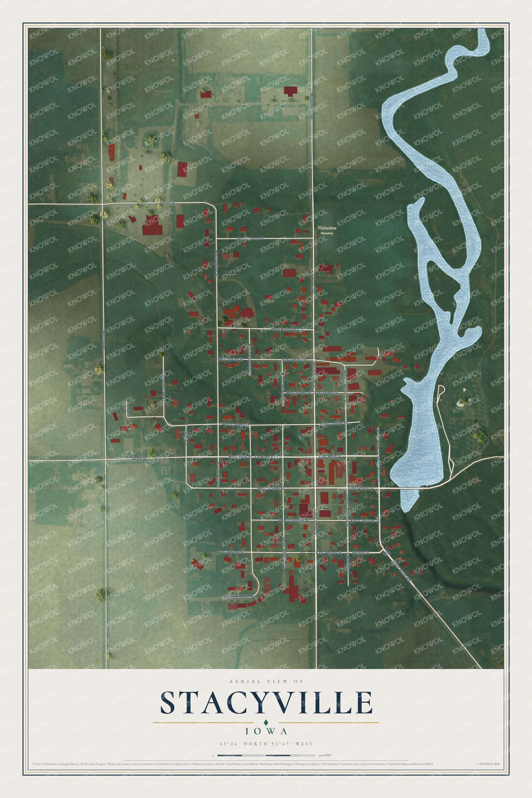 Full map of Stacyville, Iowa, with red buildings, printed street names and the land around them