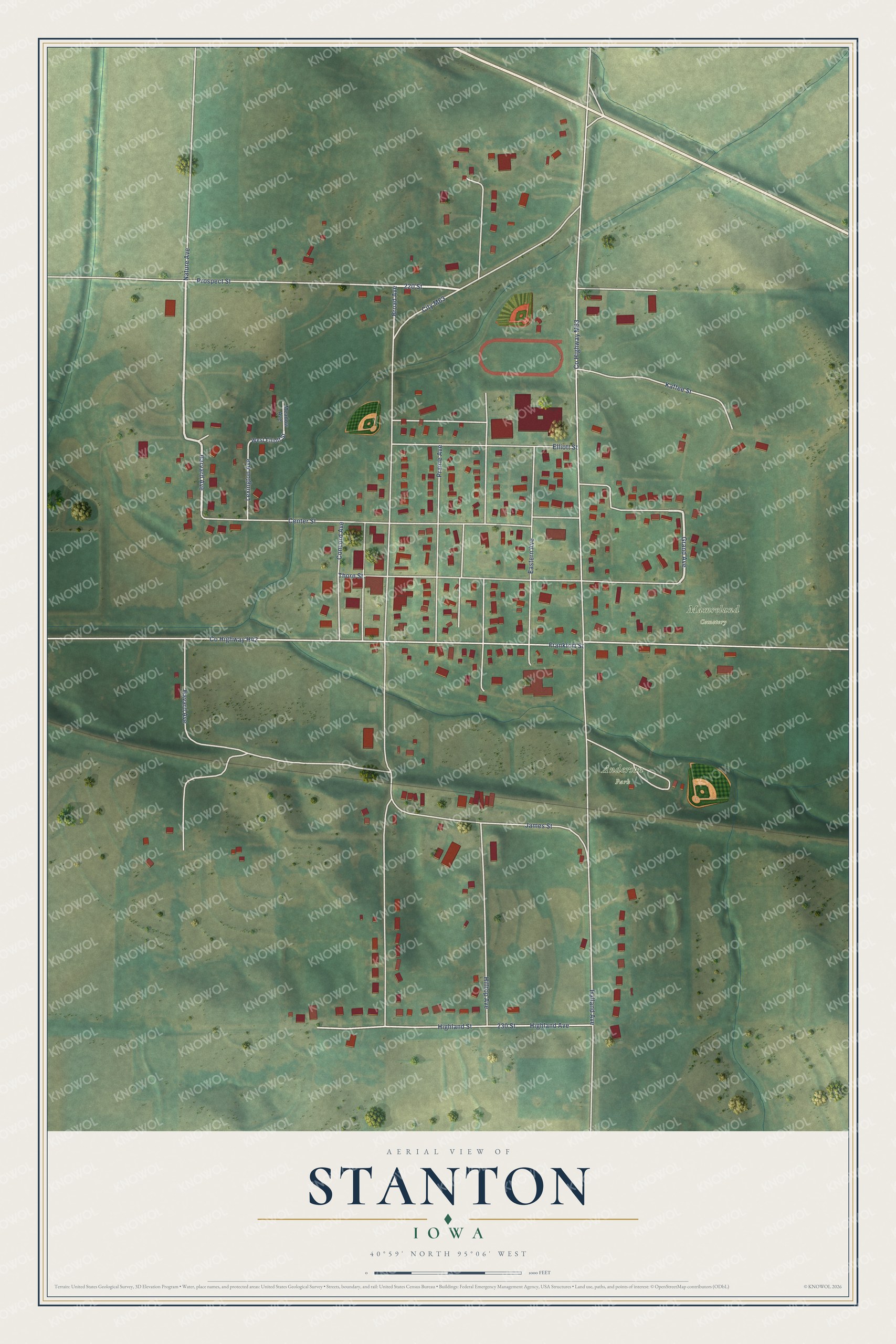 Full map of Stanton, Iowa, with red buildings, printed street names and the land around them